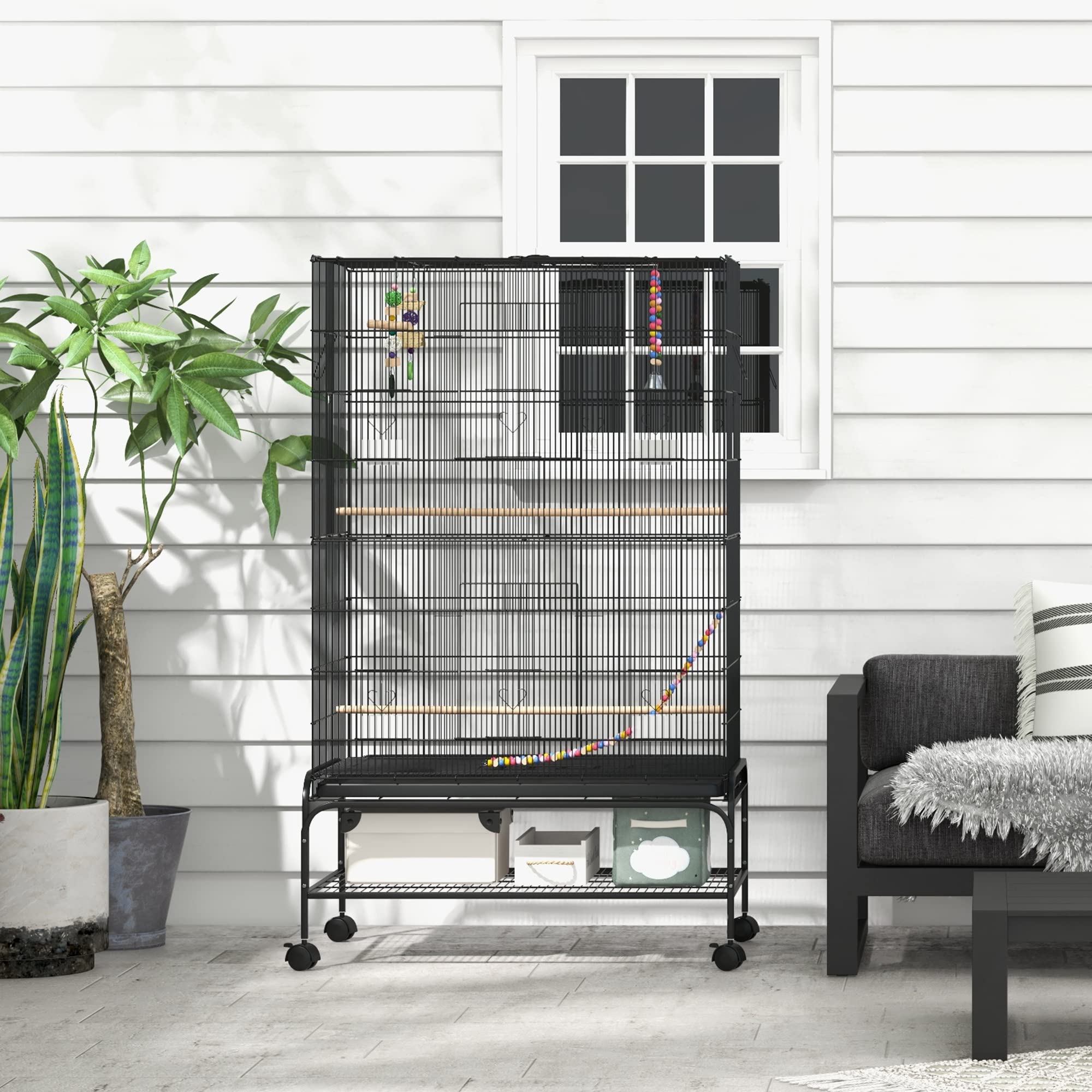Pawhut Jaula para Pájaros Grande con Ruedas para Loros 97x58x160 cm Negro | Comederos, Perchas, Estante Inferior, Bandeja Extraíble, Pajarera, Columpio y Escalera, Canarios