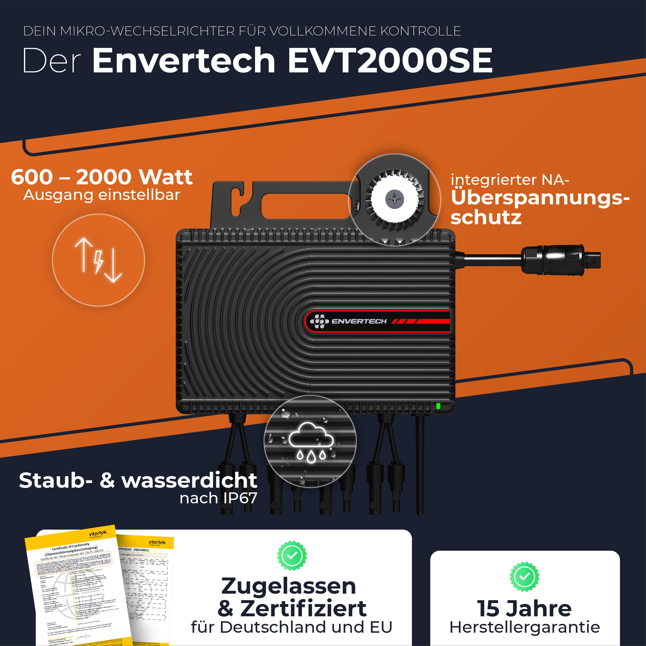 Solarway All In One Envertech Mikro-Wechselrichter 2000W Set inkl. 5M AC-Kabel & 8x2M DC-Kabel - für Balkonkraftwerk 800W-2000W für 4 PV Module - Black CASE - App & WiFi & Bluetooth (EVT-2000-SE)
