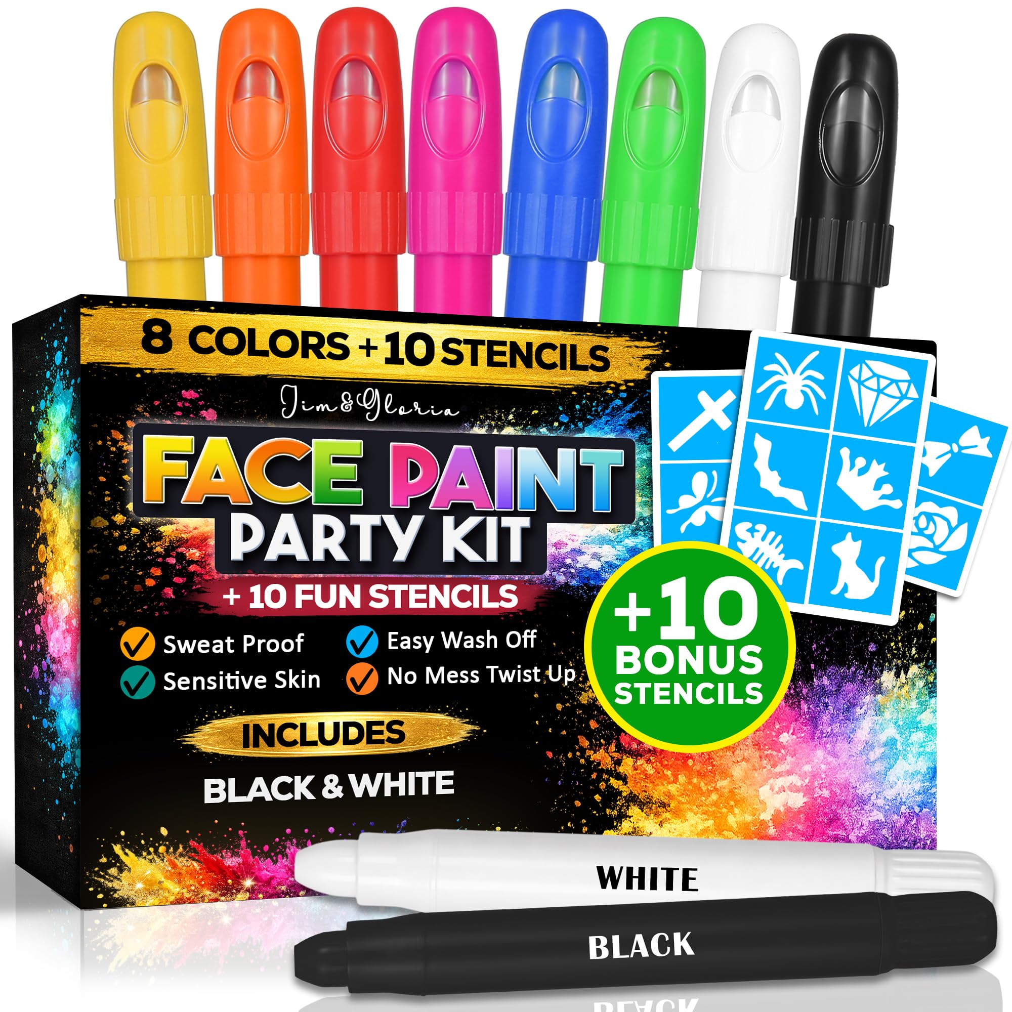 Jim&Gloria Face Paint Kit with Stencils, 8 Large Professional Face Painting Kit, Washable Body Paint Makeup, Skin Color Crayons Facepaint Sticks for