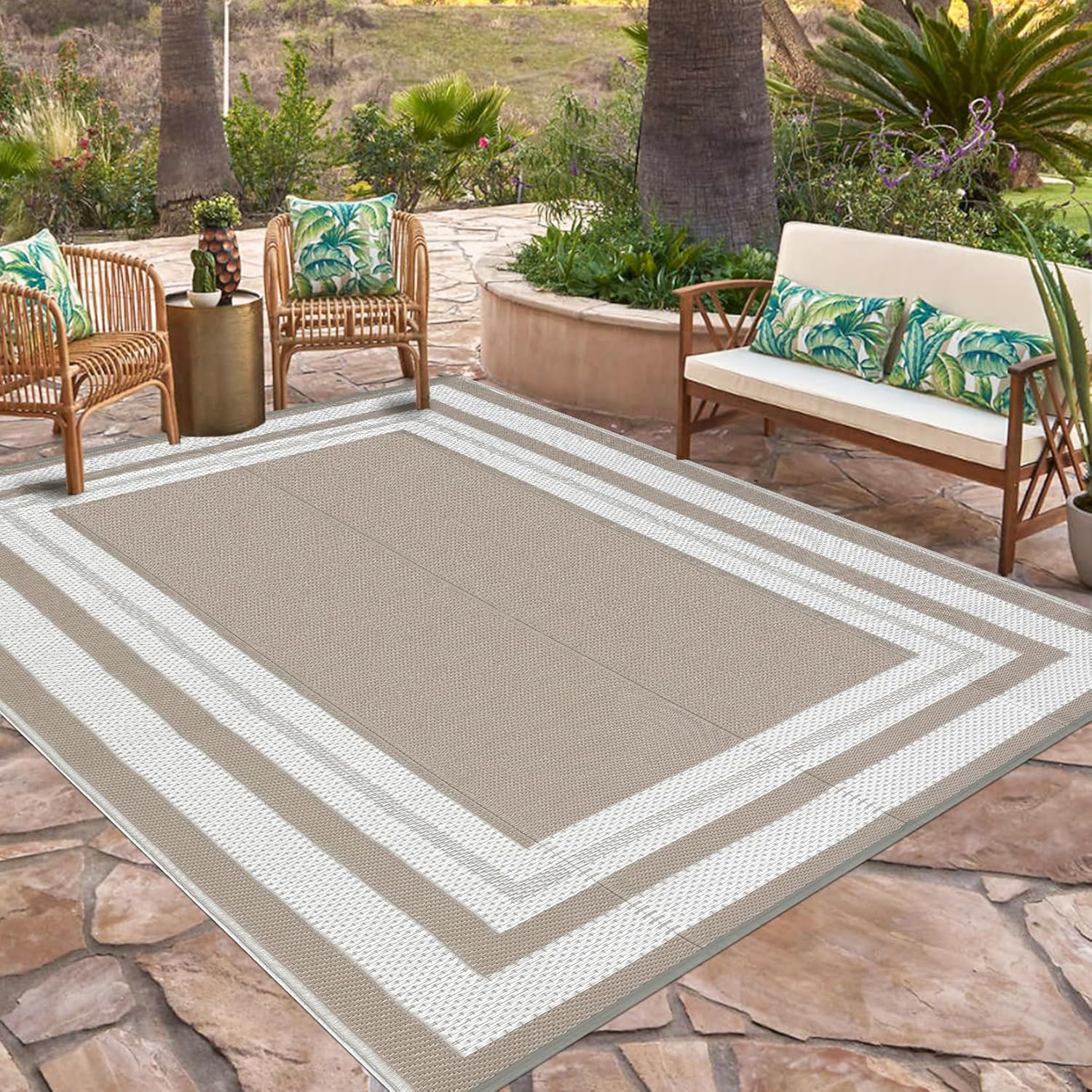 GarveeHome Outdoor Rug 9x12 Waterproof Patio Rug Reversible Plastic Straw Rug Camping Rug Modern Geometric Portable Foldable Large Rugs for RV Porch Balcony Picnic Beach Backyard Grey Beige Panel Grey Beige Panel 9' x 12' (Rectangular)