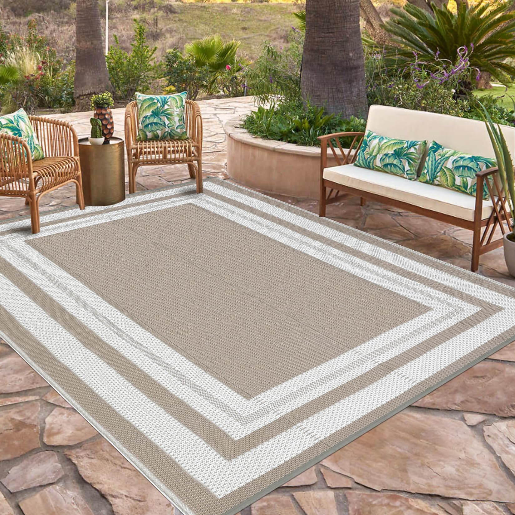 GarveeHome Outdoor Rug 9x12 Waterproof Patio Rug Reversible Plastic Straw Rug Camping Rug Modern Geometric Portable Foldable Large Rugs for RV Porch Balcony Picnic Beach Backyard Grey Beige Panel-image-49
