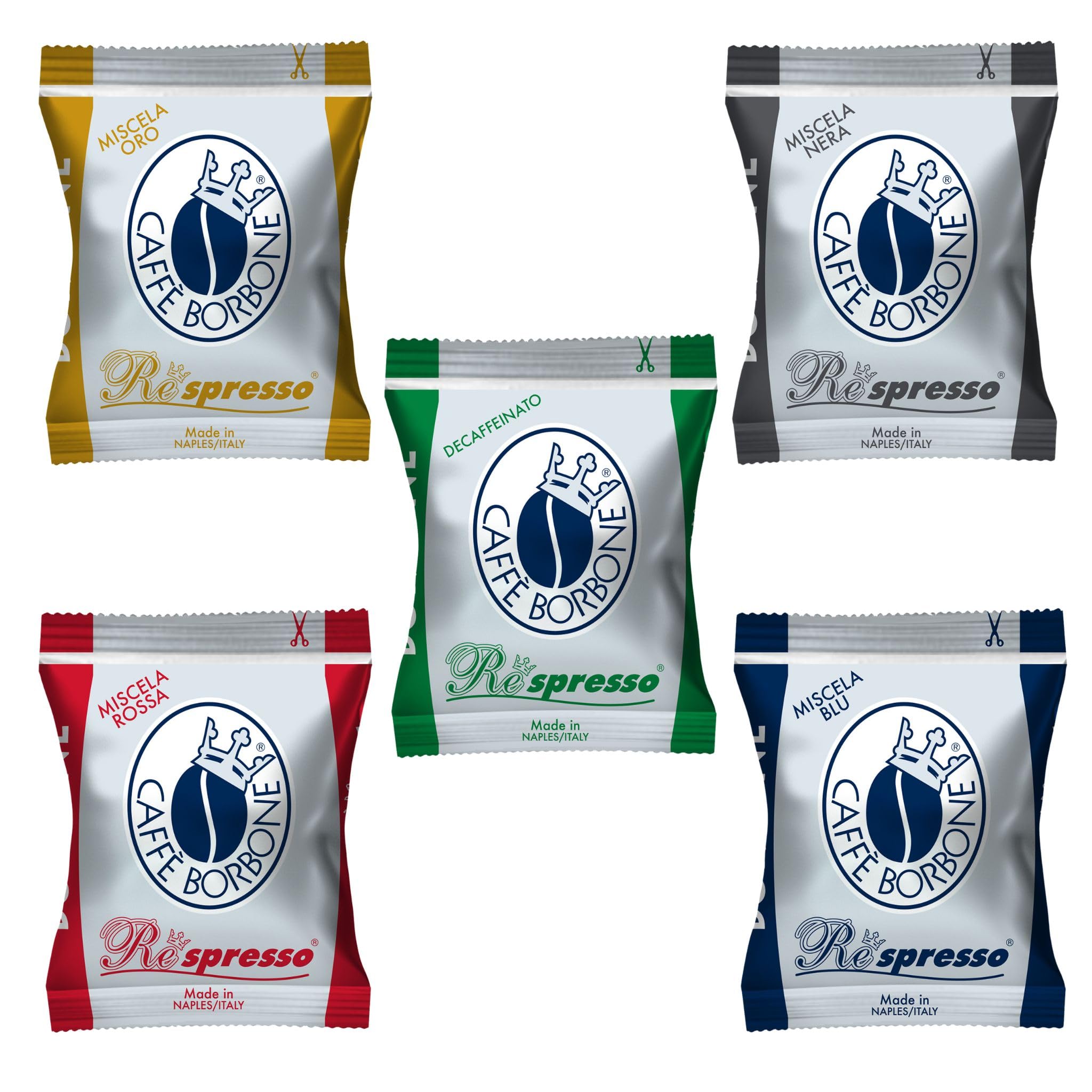 Borbone - 50 Cápsulas Respresso degustación 50 negras, 50 azules, 50 rojas, 50 doradas, 50 DEK compatibles con Nespresso