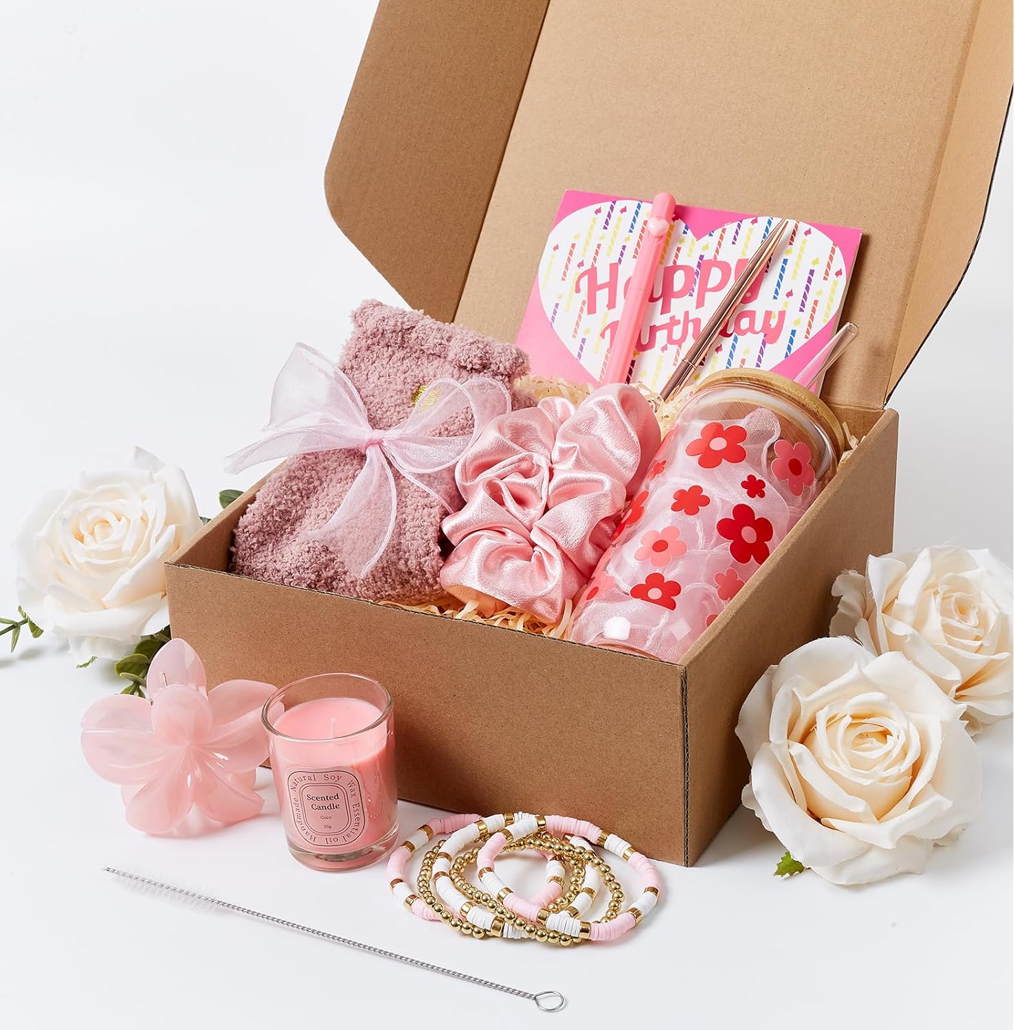 Birthday Gifts for Teen Girls, Gift Baskets for Women, Thinking of You Gifts for Her, Women, Sister, Daughter, Friends, Granddaughter, Teenage Girls, Daisy Flower Printed Glass Cup Gift Set 9-PCS - Image 3