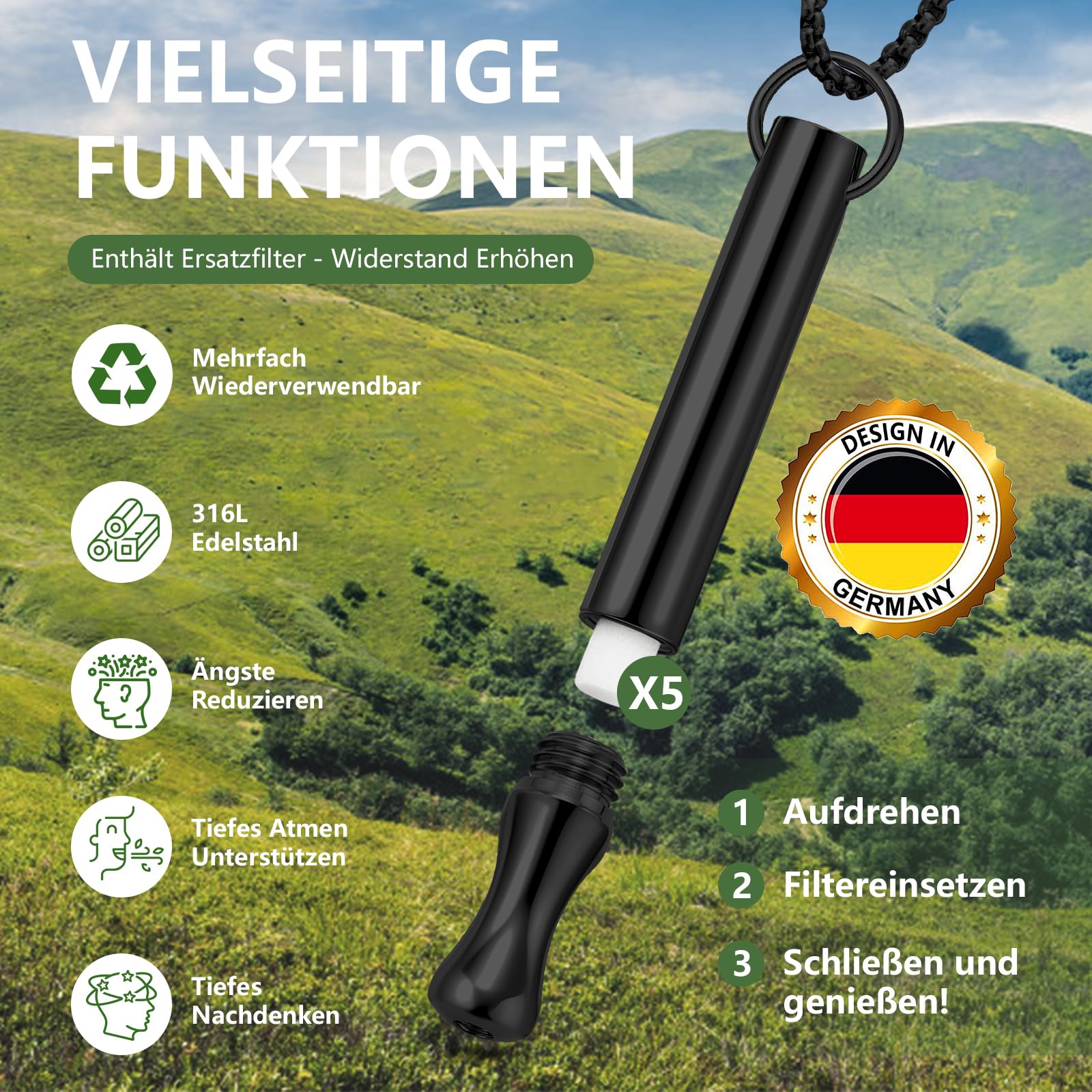 J.Fée 2.0 Rauchentwöhnung Hilfsmittel mit 20 Filter, Alternatives et aides sans nicotine - Atemtraining zur Entspannung & Stressabbau - Edelstahl Kette Atmung mit Luftwiderstand-Schwarz