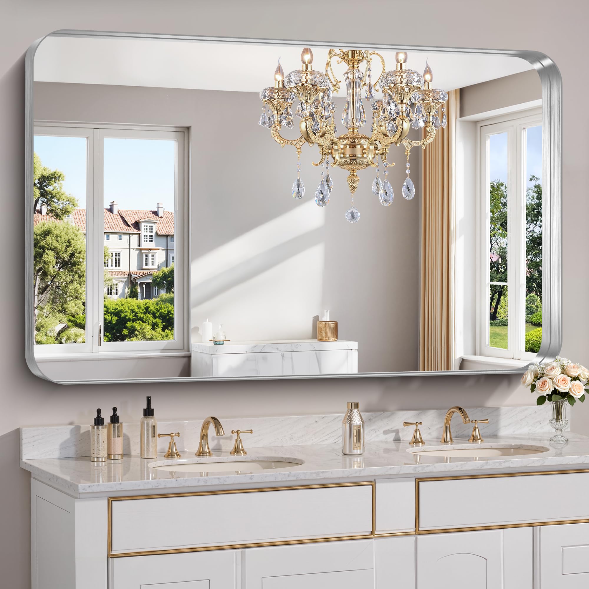 forbath 60x30 inch large bathroom mirror for double sinks, brushed silver deep frame wall mirror with rounded corners, anti-rust tempered glass for modern farmhouse vanity (horizontal/vertical)