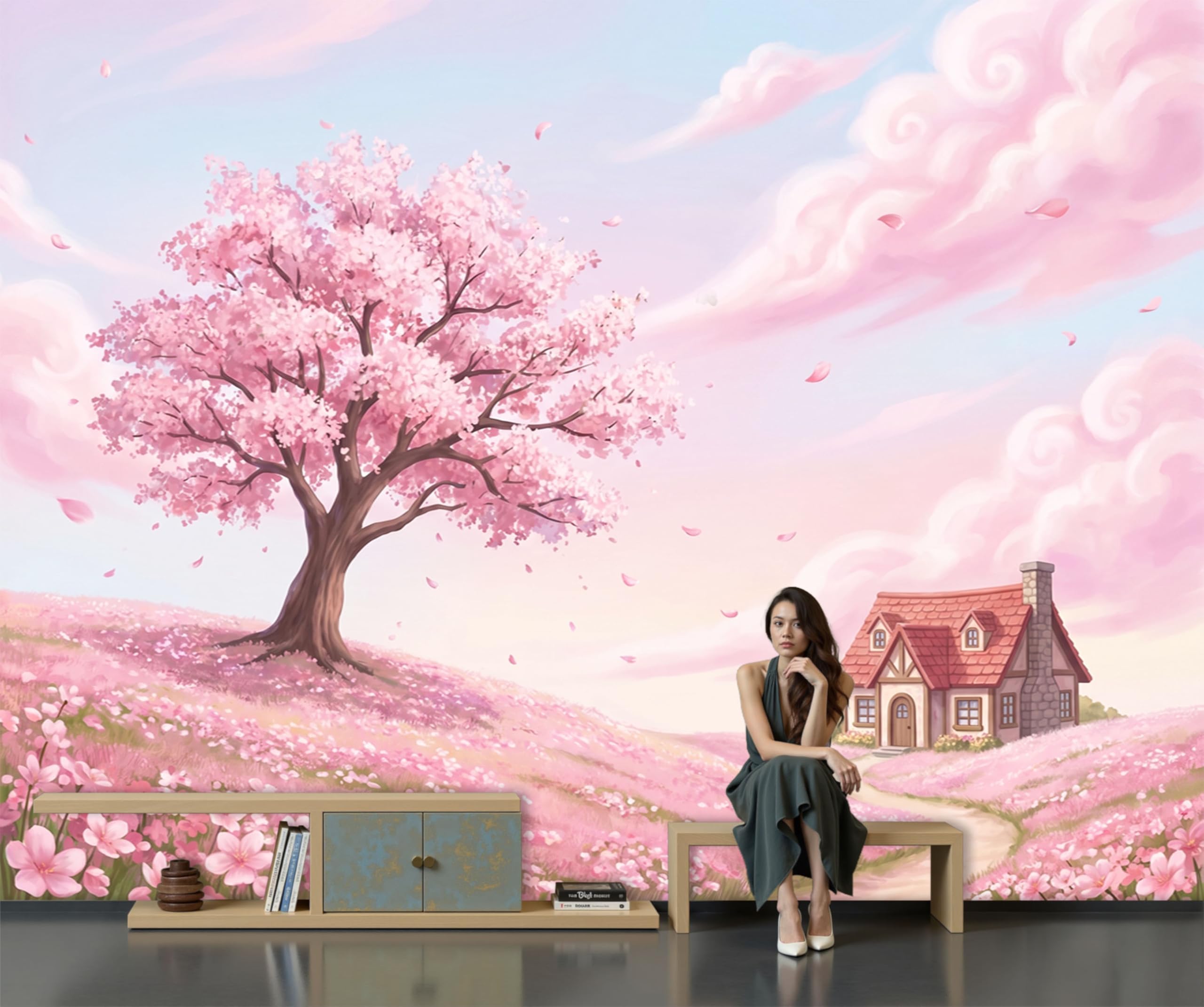 Papier peint panoramique rose salon chambre : poster mural fleurs de cerisier de rêve