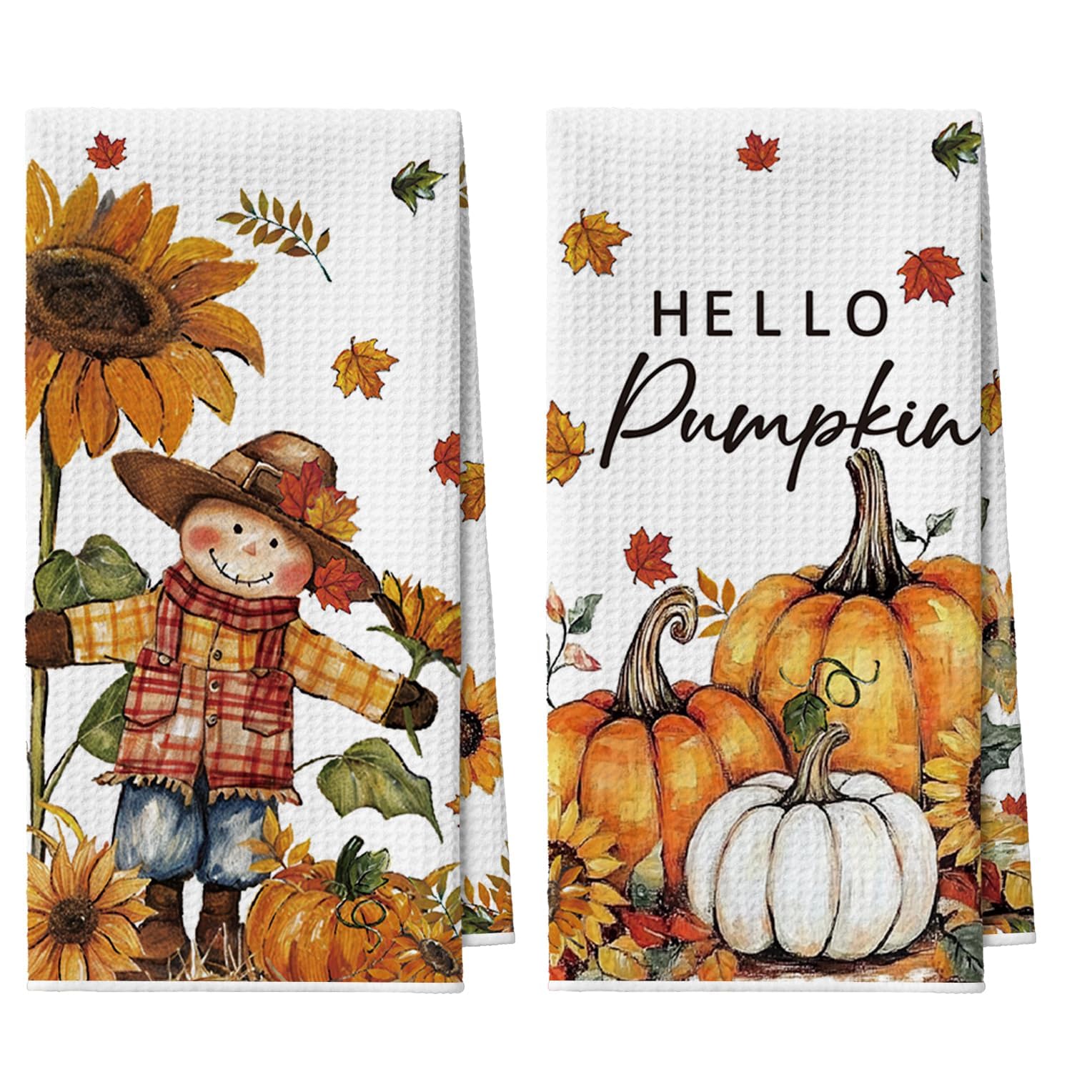Artoid Mode Sunflower Scarecrow Pumpkin Fall Kitchen Towels Dish Towels, 18x26 Inch Quick Dry Microfiber Cloth Hand Towels for Kitchen Drying Set of 2