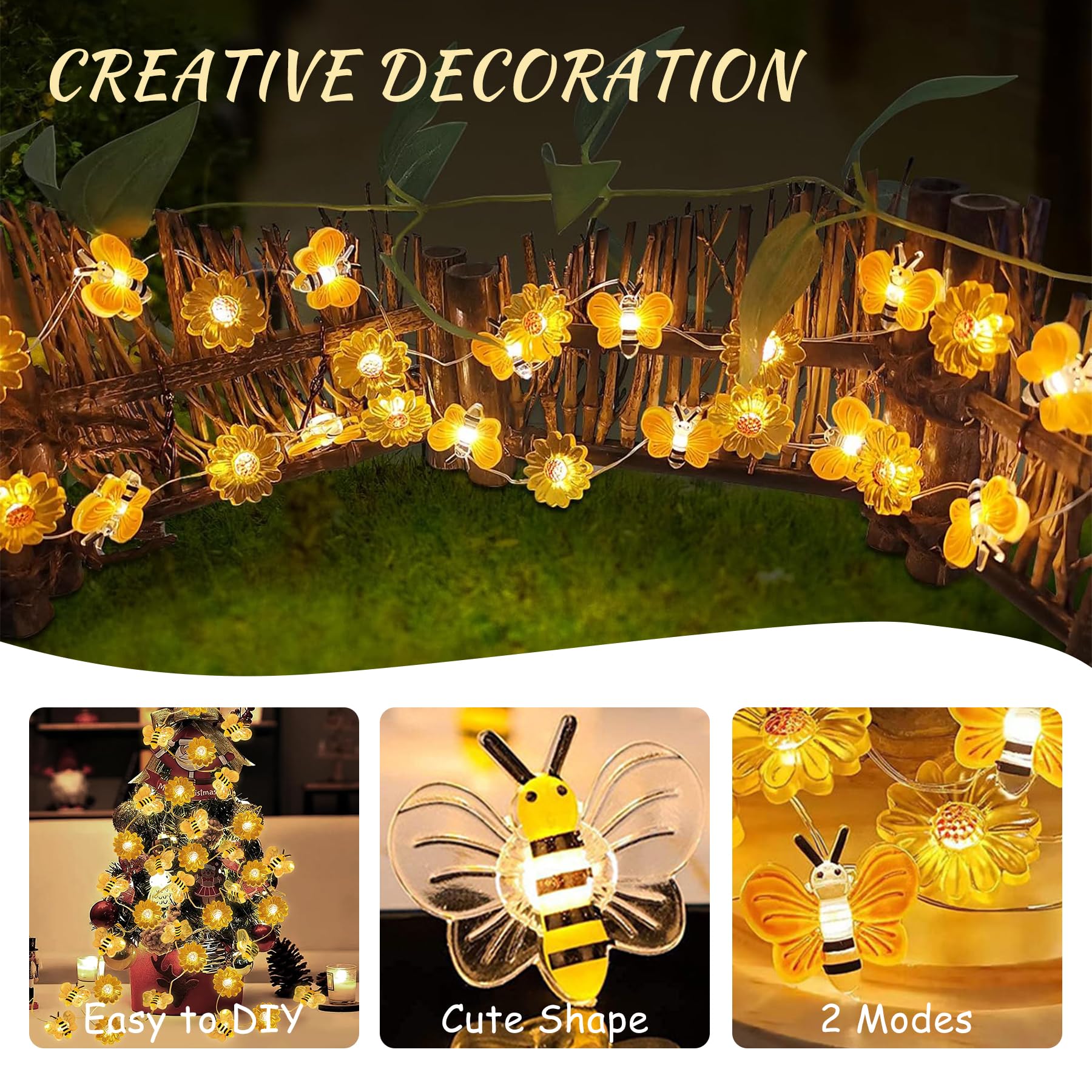 Catena Luminosa ENLACE Con Api E Fiori | 2 Metri, 20 LED, A Batteria, Per Interni/Esterni