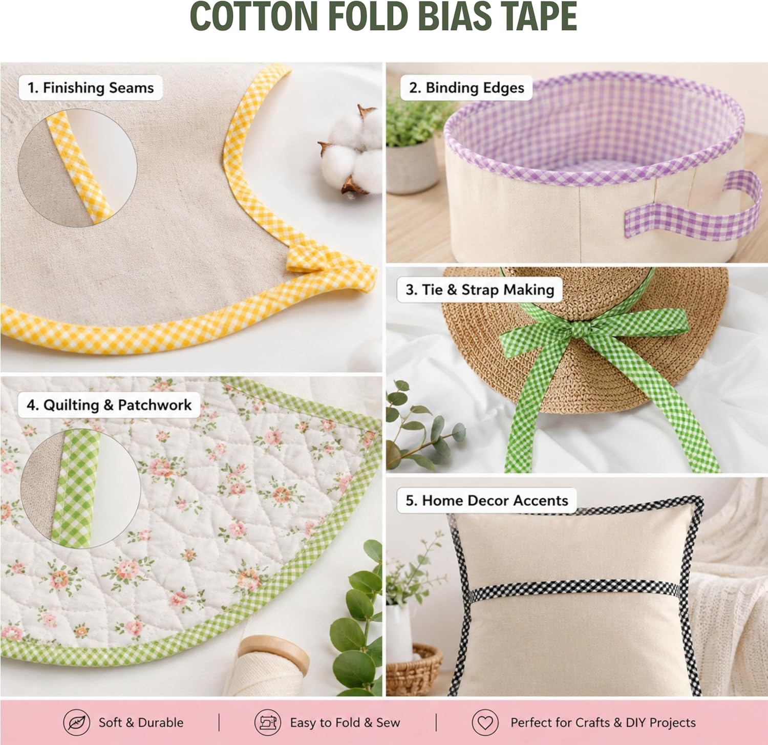 Cotton Fold Bias Binding Tape - 3/4 Inches (20mm) Wide - 27 Yards - Plaid Single Fold Cotton Fold Bias Binding Tape for Sewing Clothing DIY Green E5
