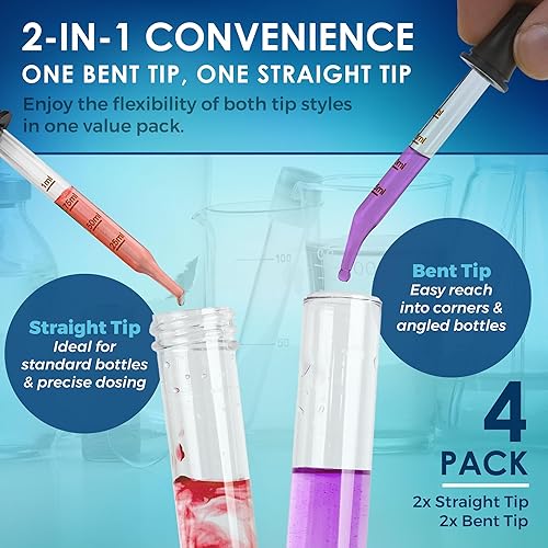 Miniatura 7 de Cuentagotas de vidrio calibrado para aceites esenciales, cuentagotas para medicina de vidrio doblado y recto (paquete de 4) para dosis y medición