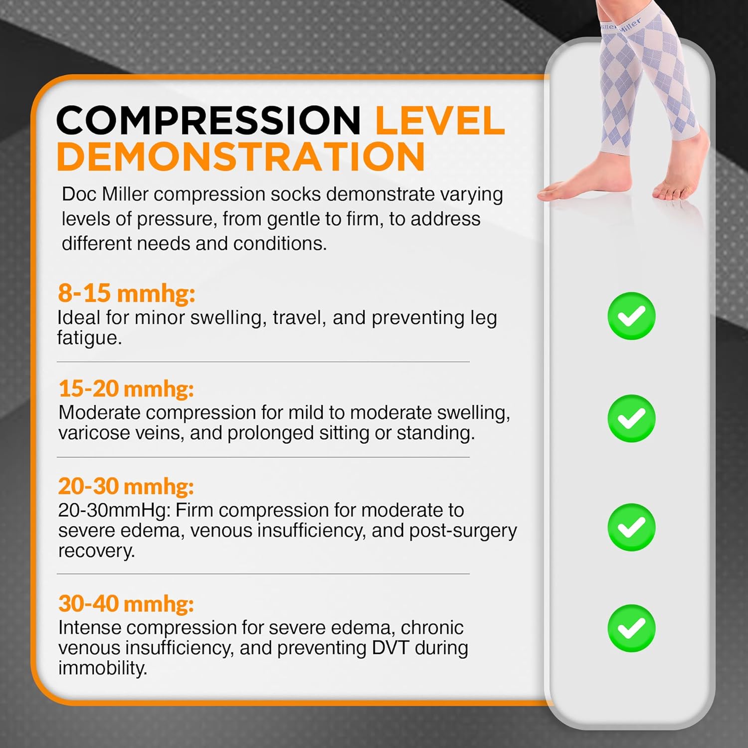 Doc Miller Calf Compression Sleeve for Women & Men, Footless 20-30mmHg Support for Shin Splints, Varicose Veins, Nurses, Running, Leg Pain Relief, Argyle Pattern, 1 Pair - Image 4