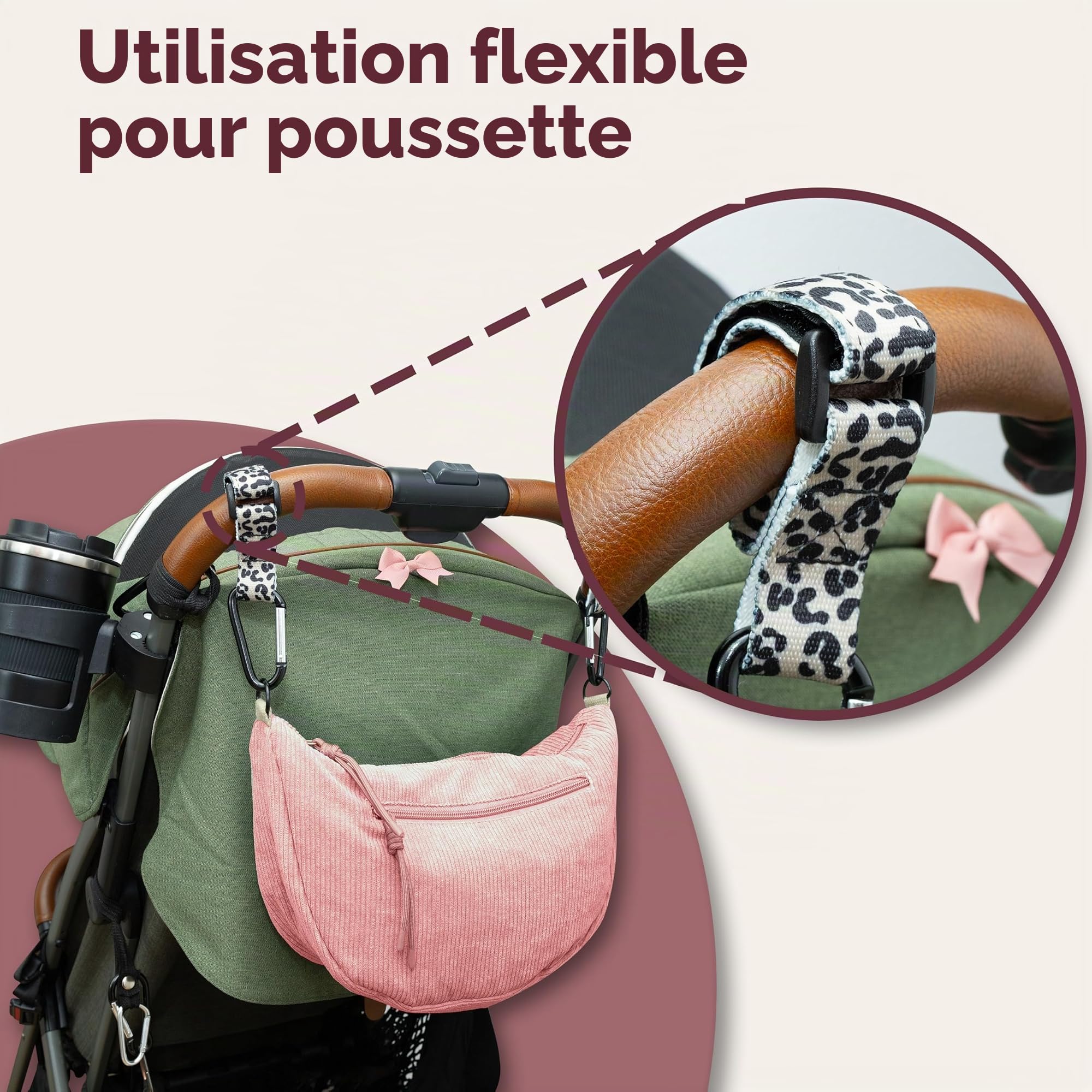 Jubi Moon Bag Sac à langer en velours côtelé rose – Organiseur de poussette avec fixation pour poussette, sac bandoulière pour femme, petit sac à langer avec compartiments et porte-bouteilles, sac à