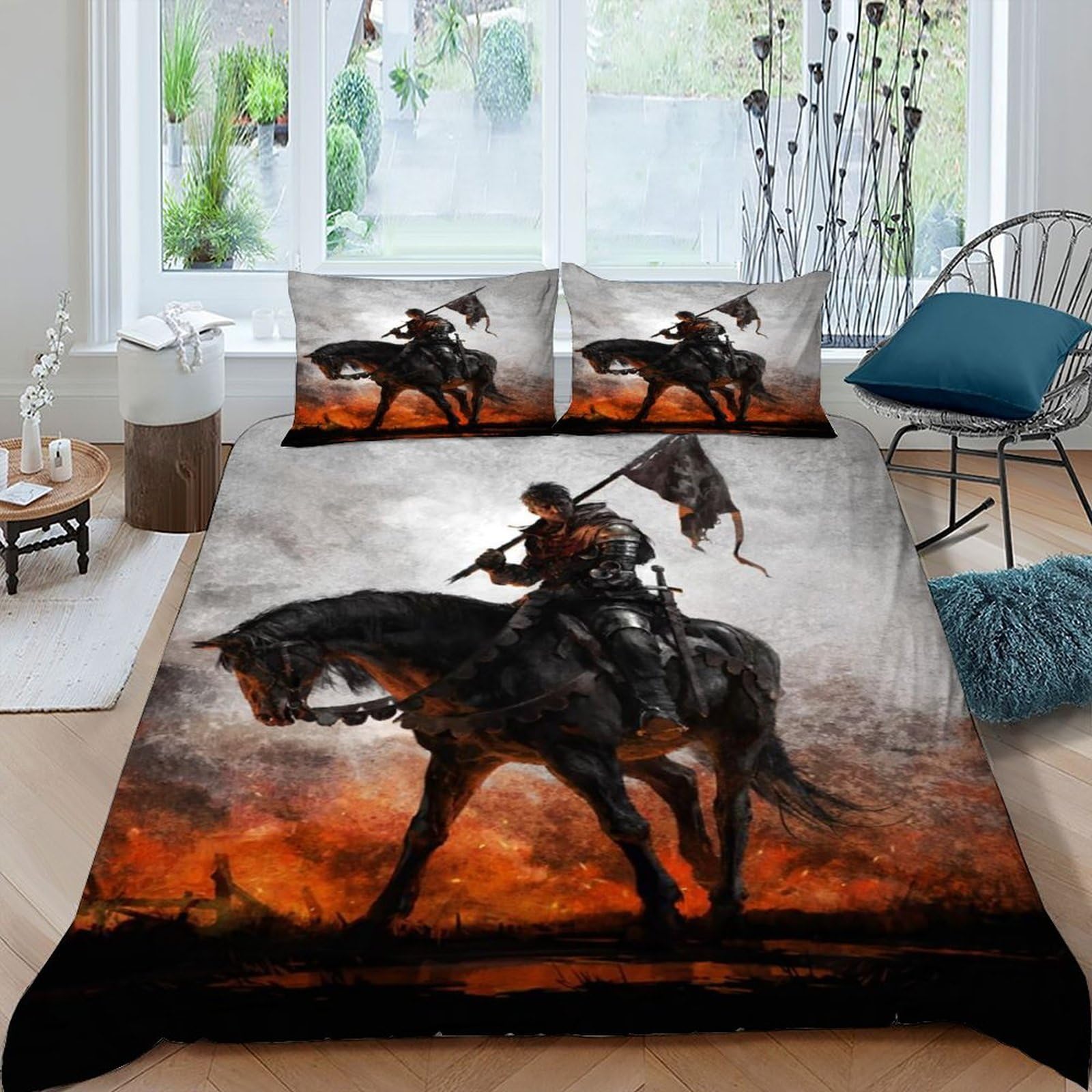 Knight Horse Bedding Set 3D Digital Printing Gothic Themes Duvet Cover Set 3 Pieces Chic Breathable for Boys & Girls Bed Set Pillowcase King（220x240cm）