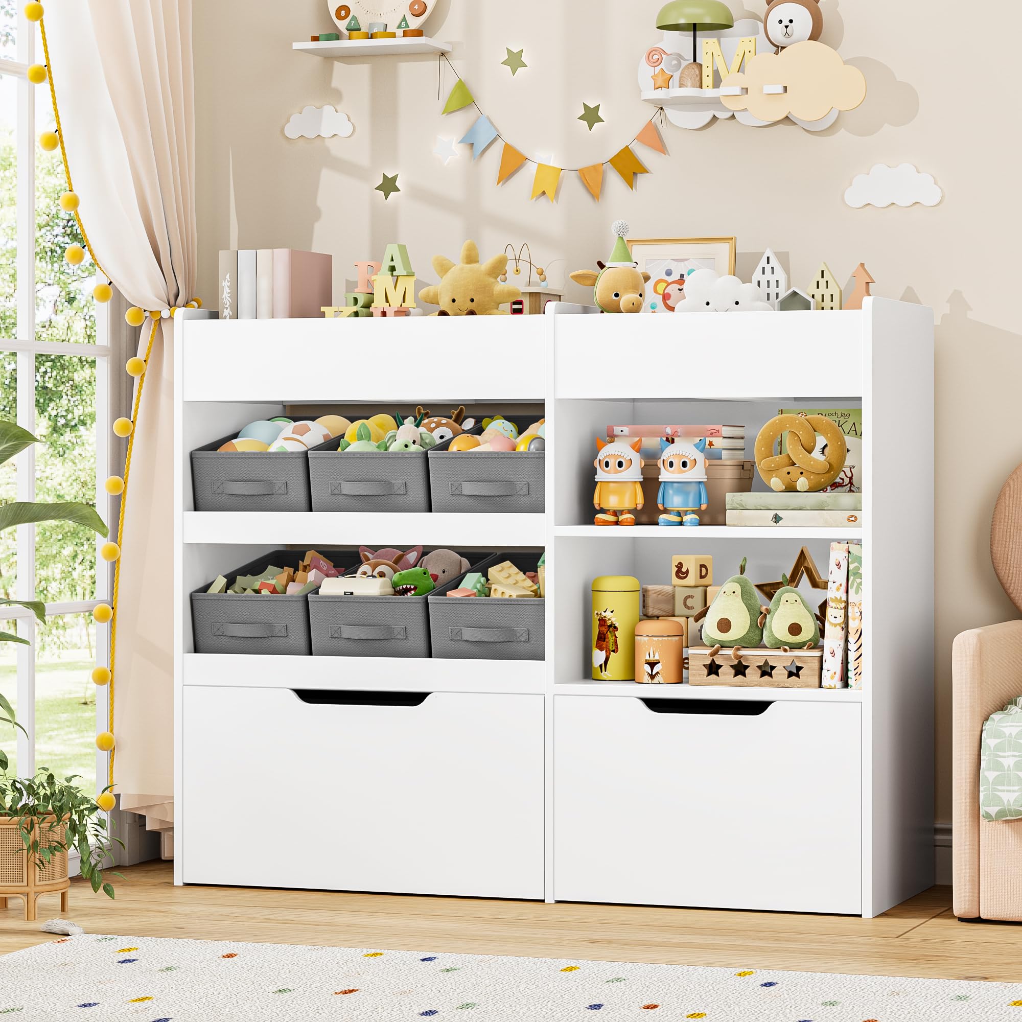 HOCSOK Estantería infantil con estantería para libros con 4 ruedas | Estantería infantil con 6 cajas, estantería para juguetes, habitación infantil, para dormitorio infantil, color blanco