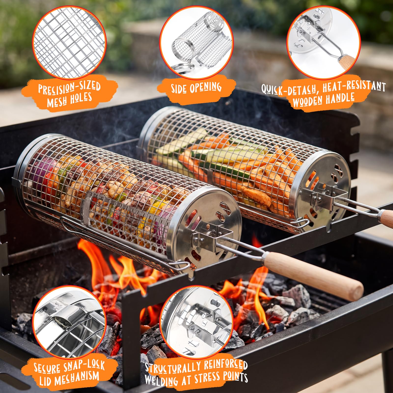 Panier à Barbecue Roulant,2 Paniers à Barbecue Emboîtables Poignée en Bois Détachable Double Accès Acier Inoxydable 304 avec Brosse à Huile Accessoire Cuisson Extérieur Camping Cadeau pour Homme Papa