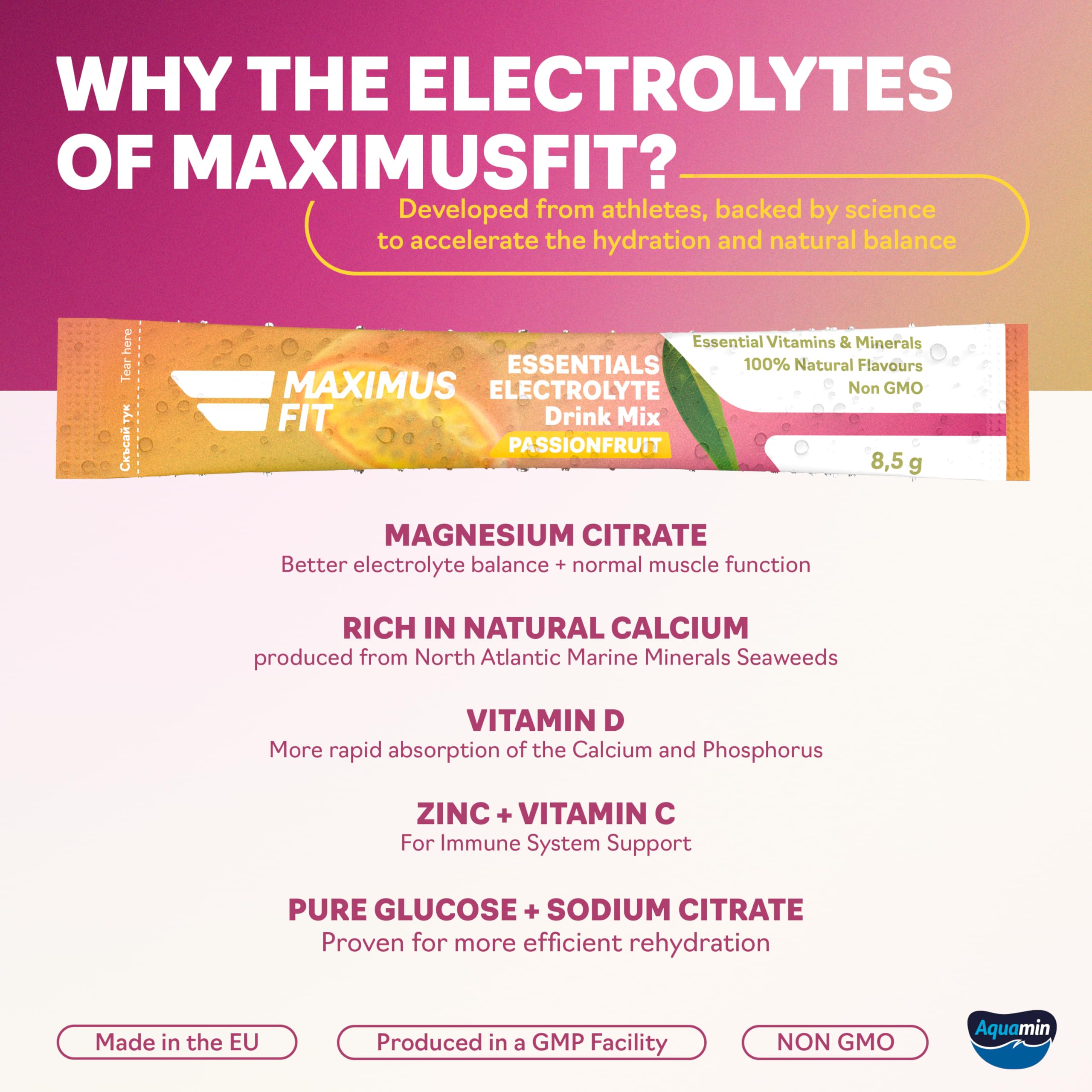 Maximus Fit Elektrolyt Pulver – Elektrolyte für Sport, Energy Drink Mix - Natrium, Magnesiumcitrat, Vitamin C, B1, B2, B3, B6, B7, B12 - Natürliches Meerespflanzenkalzium und Zink – 32 Sticks