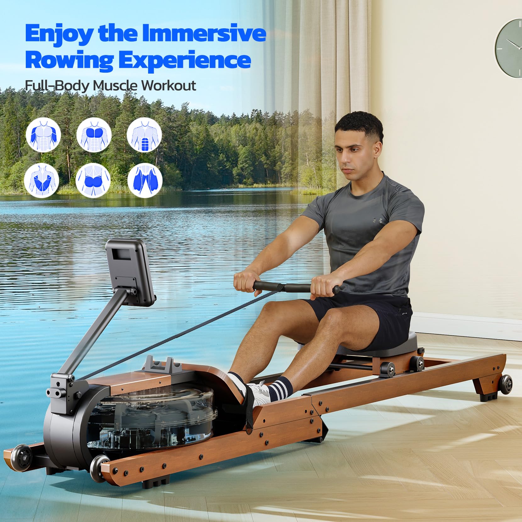 Dripex Klappbare Rudermaschine Aus Massivholz Mit Natürlichem Wasserwiderstand, Rudergerät für Zuhause Für Gelenkschonendes Ganzkörpertraining, Bis 150kg Belastbar Für Jedes Alter Und Fitnesslevel
