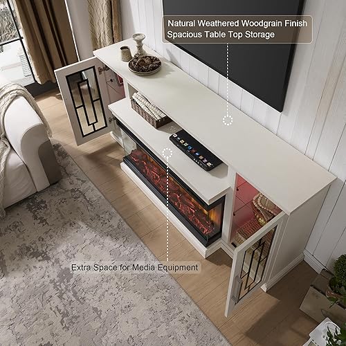 Miniatura 4 de Soporte de TV para chimenea eléctrica de 75 pulgadas, mesa central de entretenimiento multimedia LED de 3 lados con vidrio para televisores de hasta