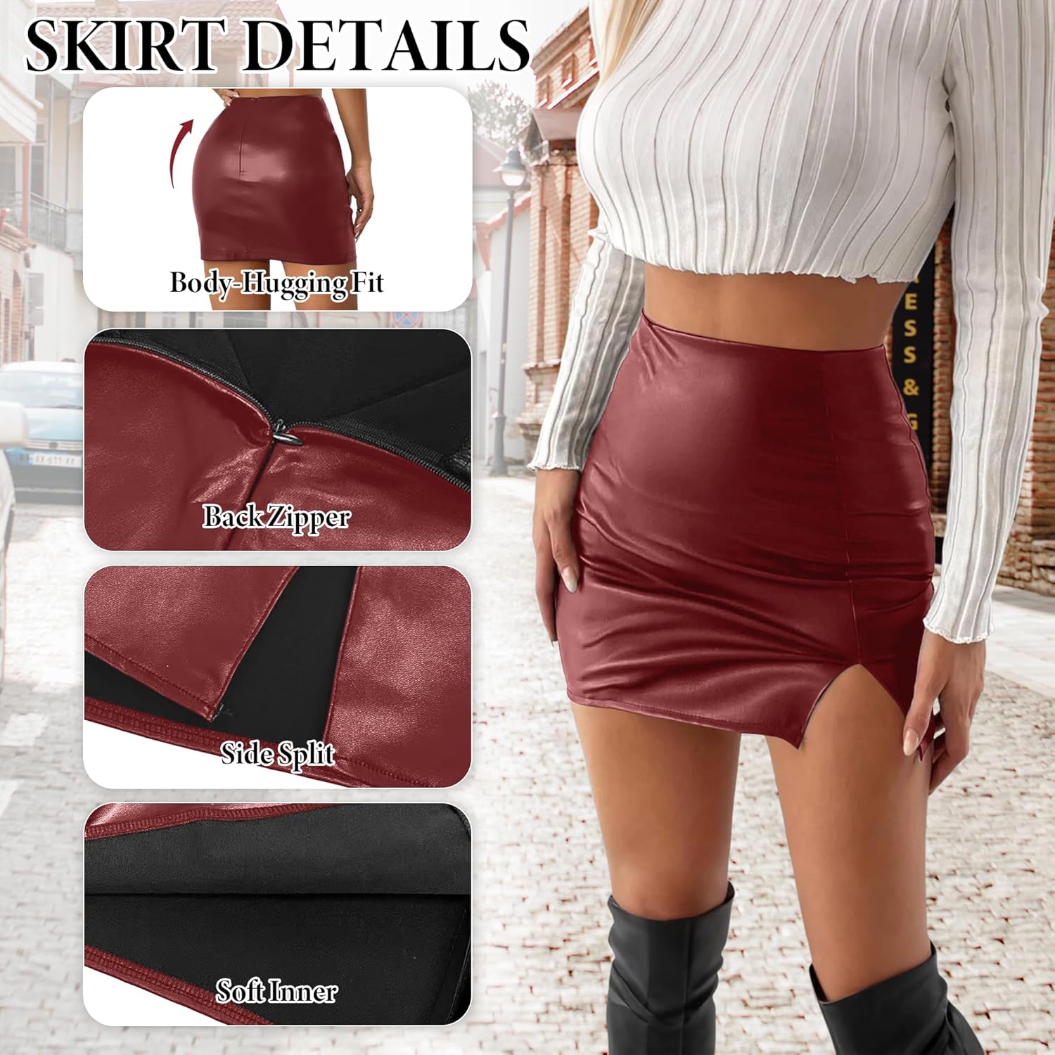 Women's Faux Leather Skirt High Waisted Stretchy Bodycon Mini Skirt with Slit Short Skirts for Club Party - Image 4