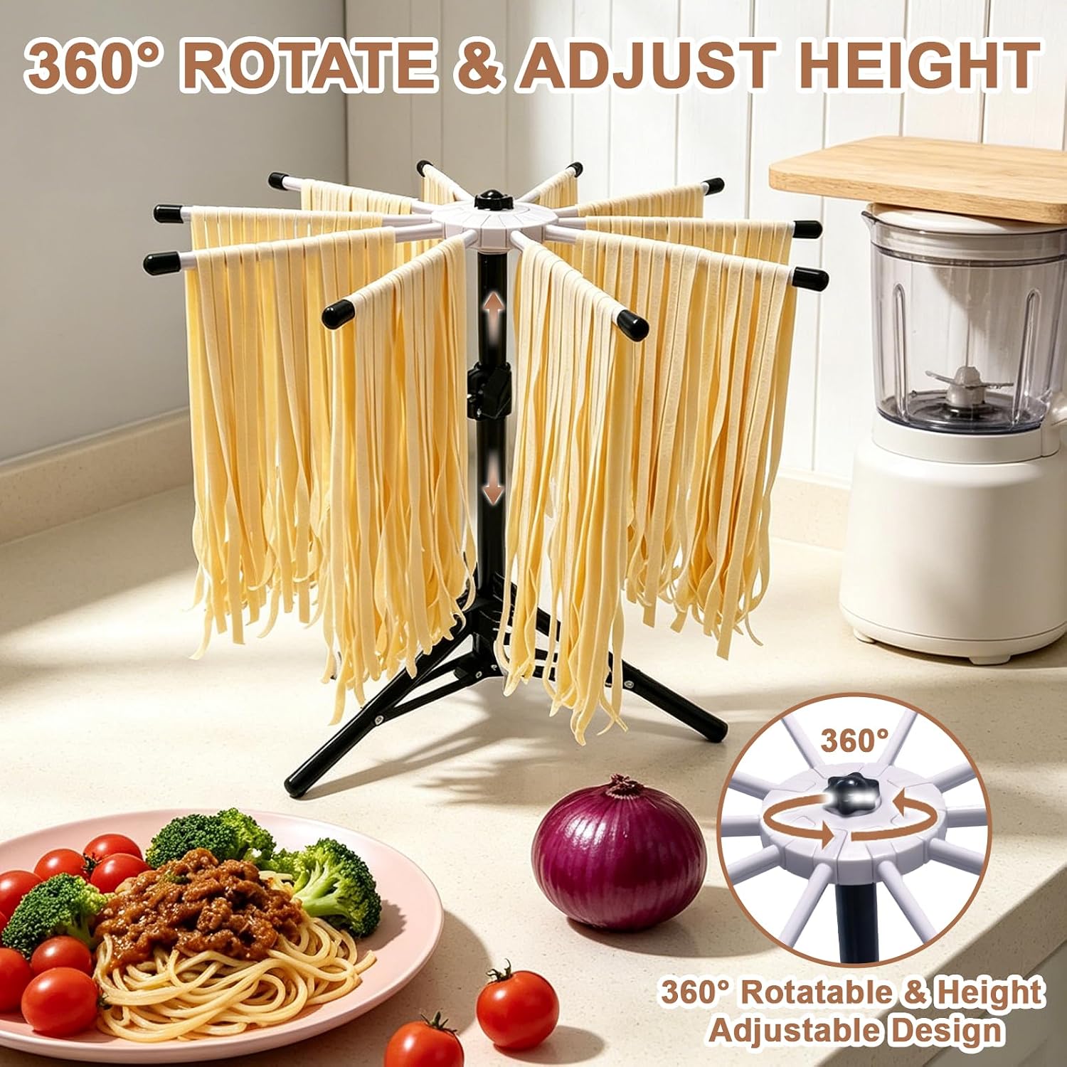 Pasta Drying Rack, 360° Rotating Adjustable Tripod Stand