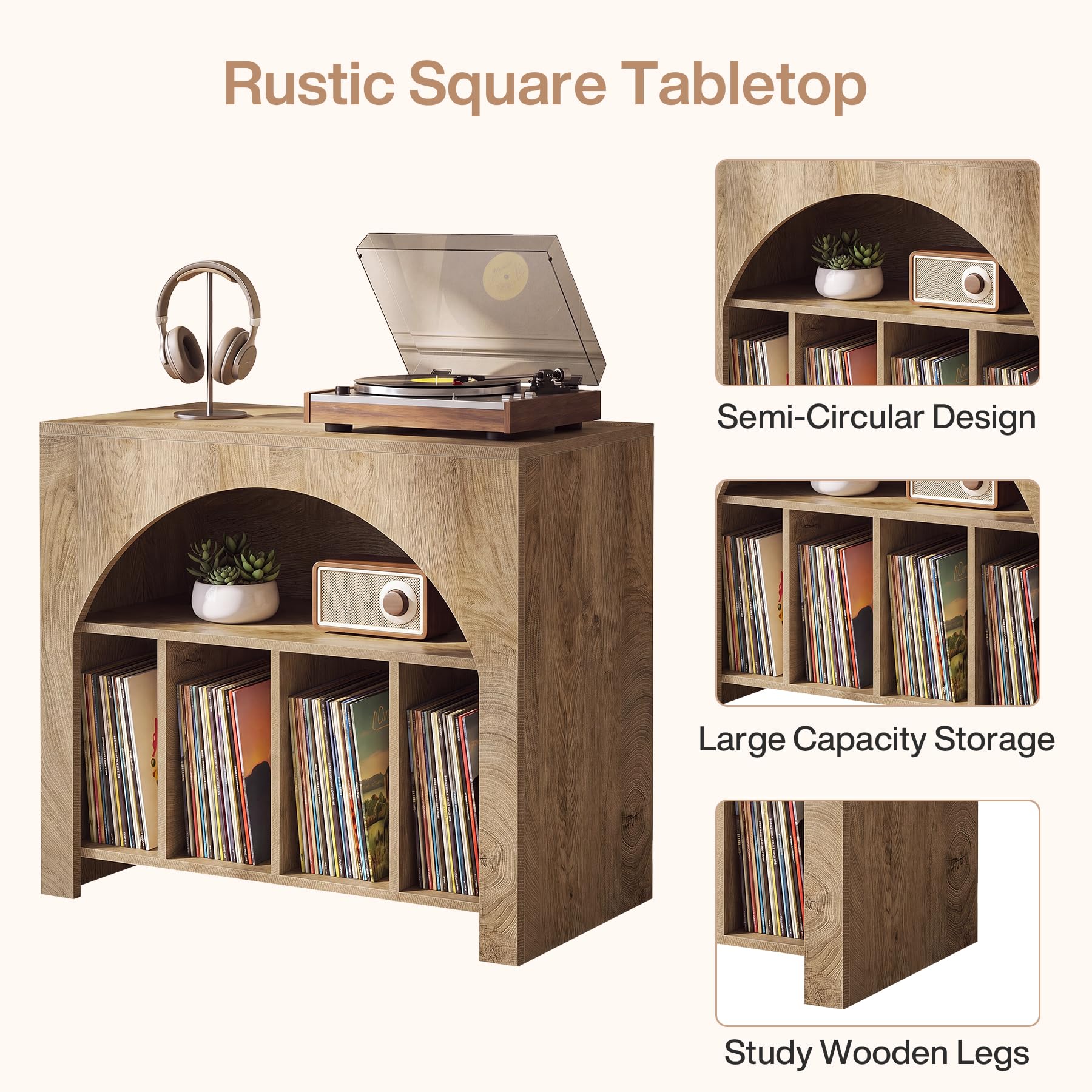 Tribesigns Supporto per Giradischi, 80 x 40 x 70 cm, Può Contenere Fino a 370 Dischi, Porta Dischi in Vinile in Stile Mid-Century con Gambe in Legno per Circa Vinili, CD, Album, Giradischi, Marrone