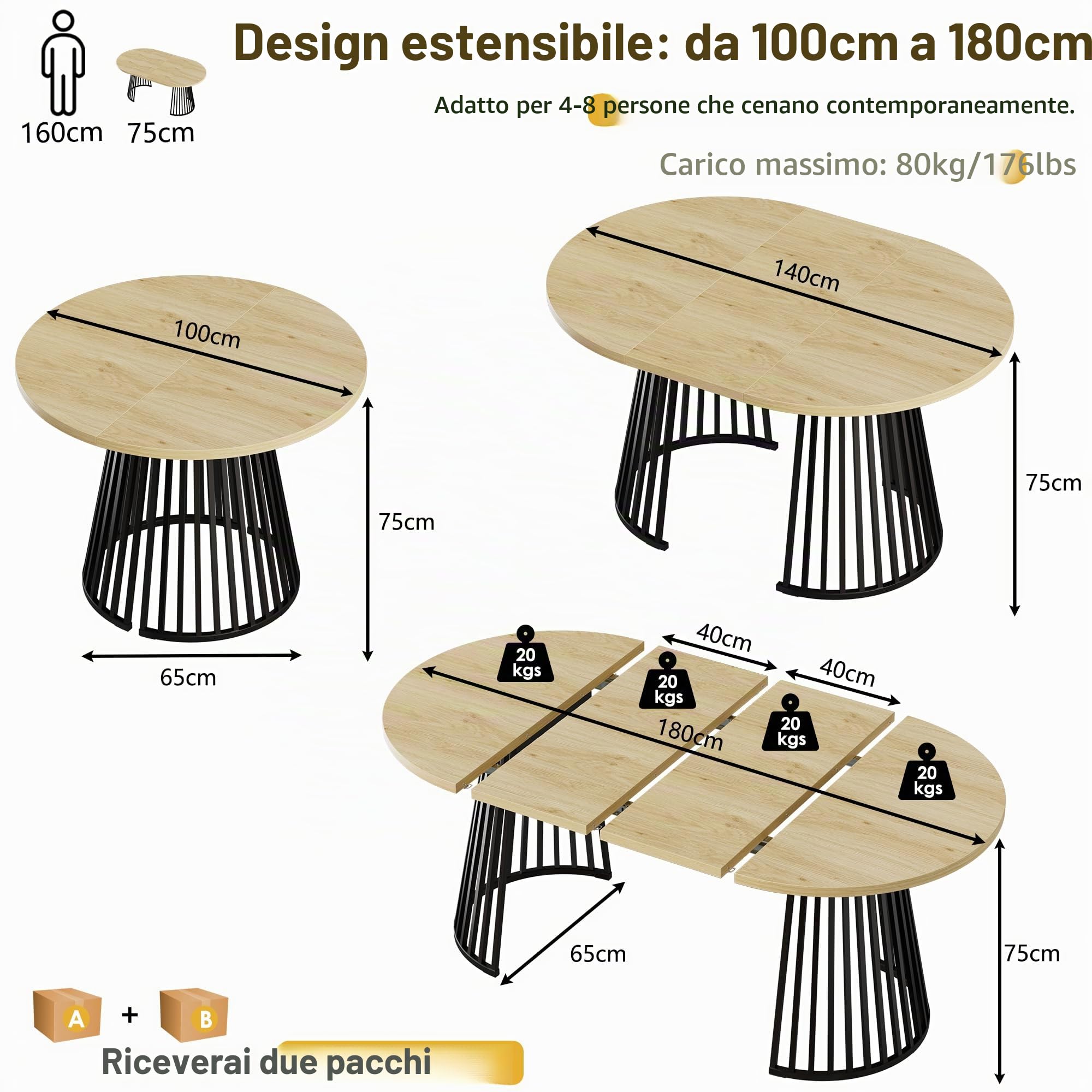 Tavolo Allungabile Ovale,Tavolo da Pranzo Rotondo Allungabile Adatto per 4-8 Persone,Tavolo da Pranzo Rotondo in Legno con Gambe in Metallo per Cucina o Soggiorno,100-180x100x75CM,Spedito in 2 Pacchi