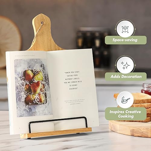 Miniatura 6 de Soporte para libro de cocina, de madera rústica, estilo tabla de cortar, soporte ajustable para libros de recetas para iPad y soporte para cocina