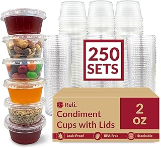 Reli. 2 oz Small Containers with Lids (250 Sets) | Jello Shot Cups with Lids | Clear Plastic Condiment Containers with Lids | Portion Cups with Lids | Sauce Cups | Souffle Cups | Stackable | Bulk