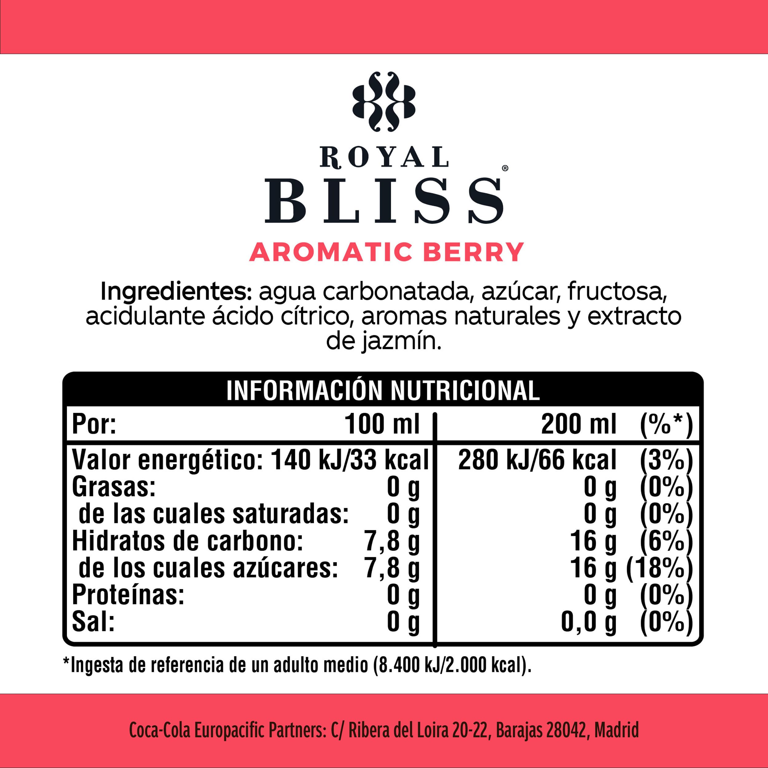Royal Bliss Aromatic Berry, Tónica Aromatizada y Refrescante - Pack de 24 Botellas de vidrio 200 ml