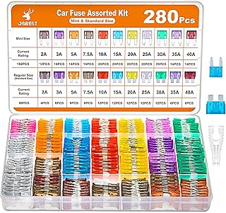 JOREST 280 Pcs Car Fuse Assortment Kit, 182 Mini Blade Fuses Automotive + 98 Standard Auto Fuses + 1 Fuse Puller – for Car/RV/Truck/Motorcycle/Boat (2Amp 3A 5A 7.5A 10A 15A 20A 25A 30A 35A 40A)