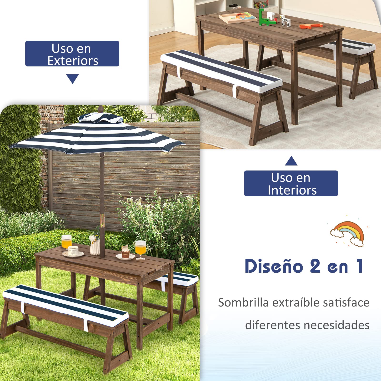 COSTWAY Juego de Mesa y Bancos de Madera con Cojines y Sombrilla, Set para Niños con Sombrilla para Interiores y Exteriores (Azul)