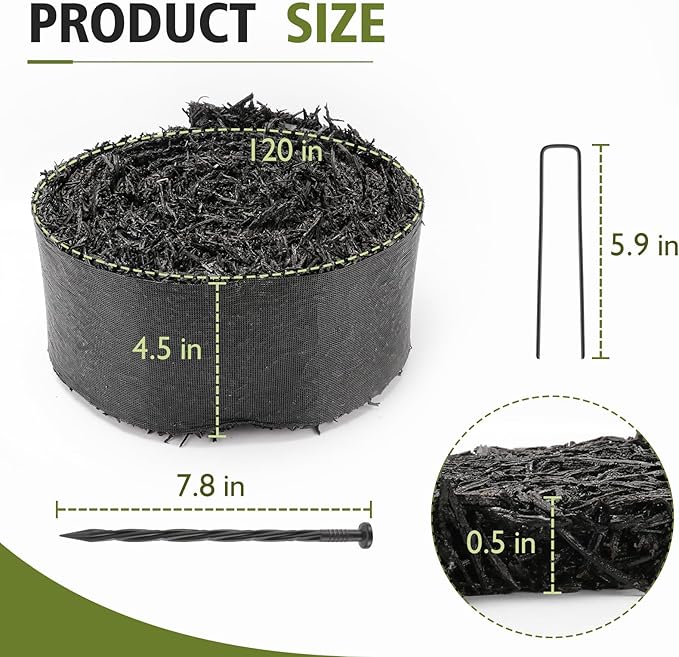 Each roll of our rubber mulch comes with two types of ground stakes for secure fixation, preventing movement or curling in strong winds or severe weather. The black rubber mulch also provides a soft and non-slip surface, making it safe for walking, even for children. Easy to use and cut with scissors, our landscaping mulch enhances the aesthetics and neatness of flower beds, amusement parks, and more. Plus, our customer service team is dedicated to addressing any questions or concerns promptly, ensuring your satisfaction. Description by ChatGPT.