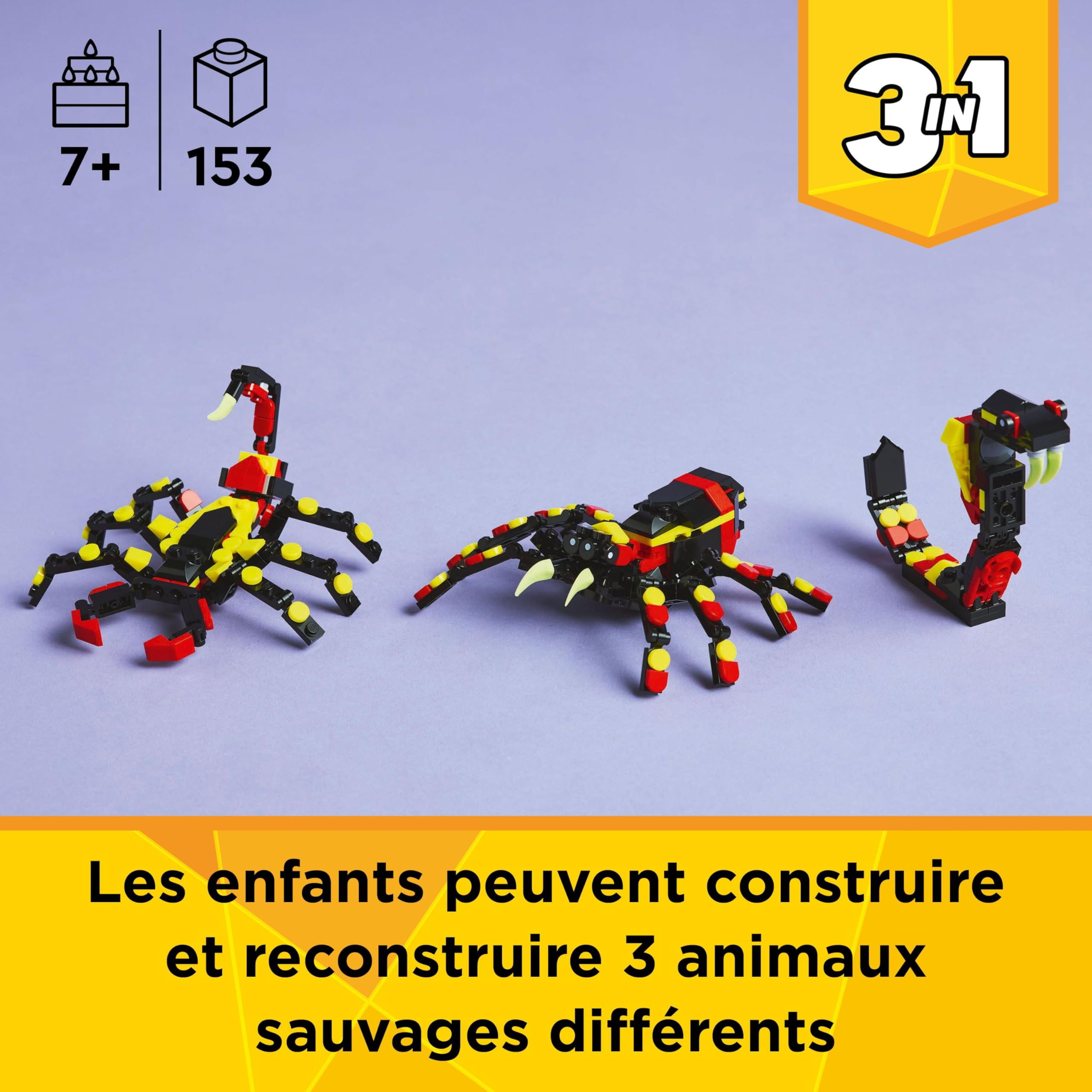 LEGO Creator 3-en-1 Animaux sauvages : l’araignée surprenante - Se transforme en scorpion ou en serpent - Jeu de construction pour garçons et filles amoureux de la nature - Idée cadeau dès 7 ans 31159