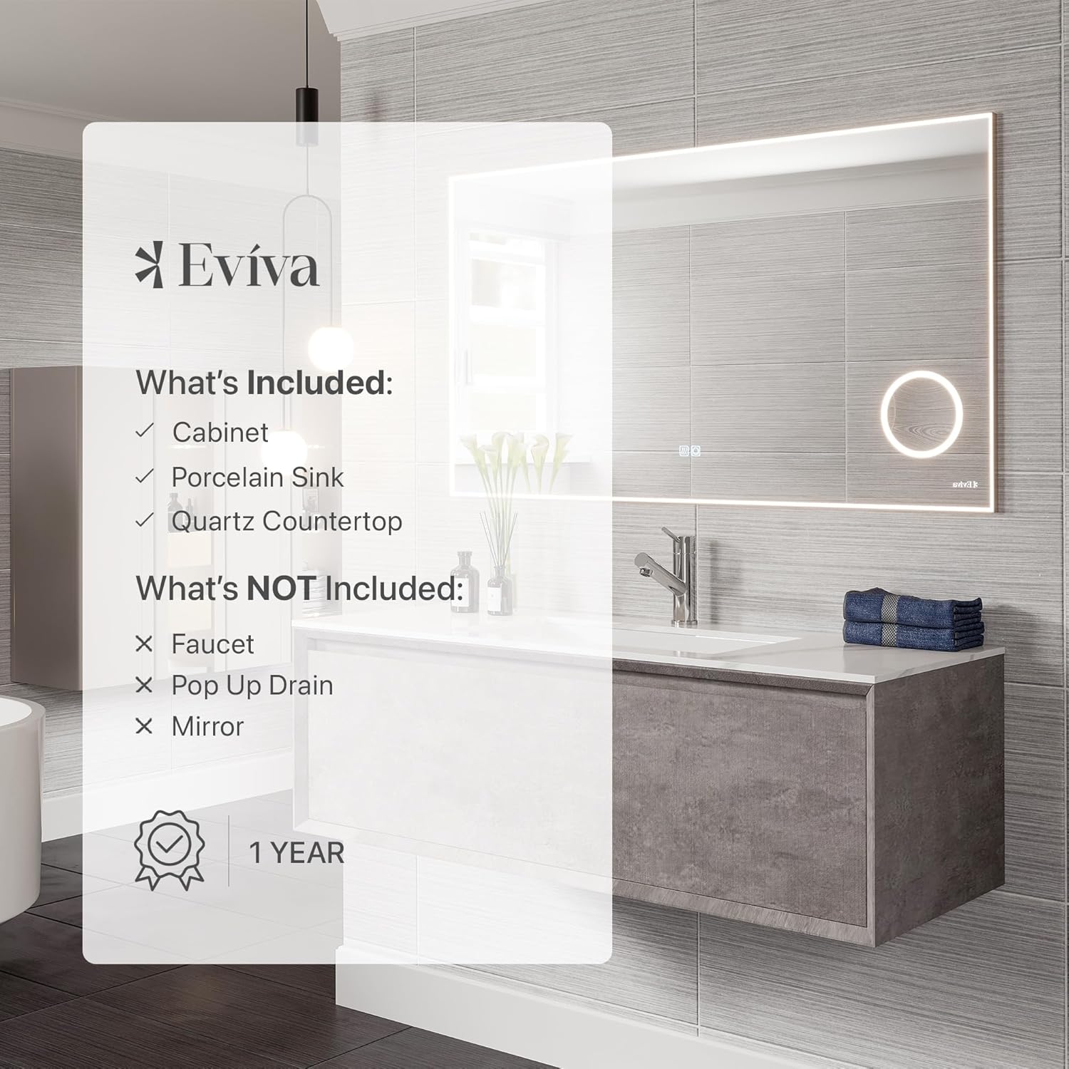 Eviva Aurora 40 in. Concrete Gray Wall Mount Single Sink Bath Vanity with Carrara Quartz Top
