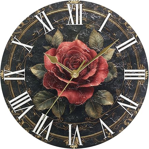 Miniatura 5 de KLL Retro Red Rose 10 Inch Round Home Wall Clock noiseless Decor for Home School Office relojes de pared para cocina