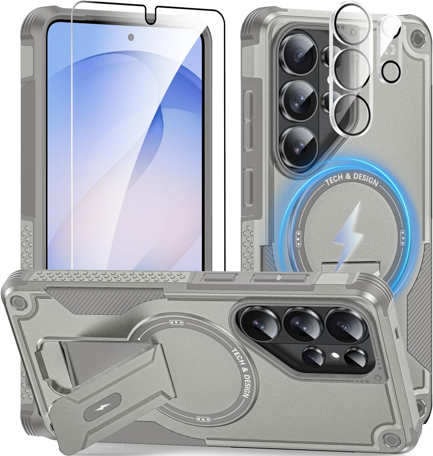 for Samsung Galaxy S26 Ultra Case with Screen Protector & Camera Protector & Kickstand, Heavy Duty Shockproof Rugged Protective Phone Cover Case for Samsung Galaxy S26 Ultra,Grey
