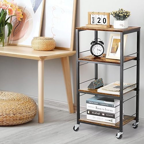 Miniatura 7 de CADUKE Carrito de cocina con ruedas, carrito de servicio industrial de 4 niveles con isla de madera con ruedas, carrito de barra rodante con