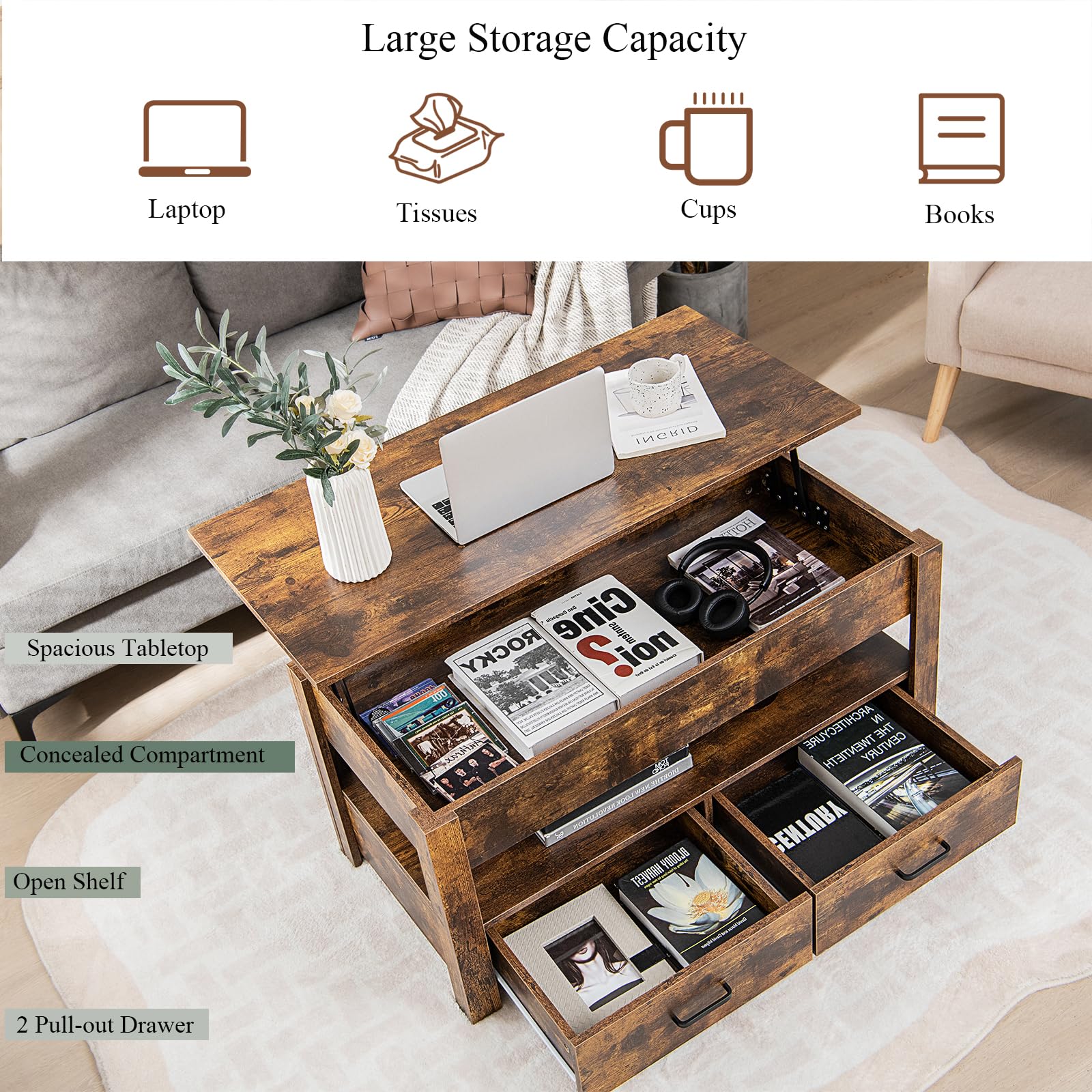 LIFEZEAL Mesa de Centro Elevable de 3 Niveles con Tapa, 2 Cajones y Almacenamiento Abierto, de Madera para Sala de Estar, Marrón