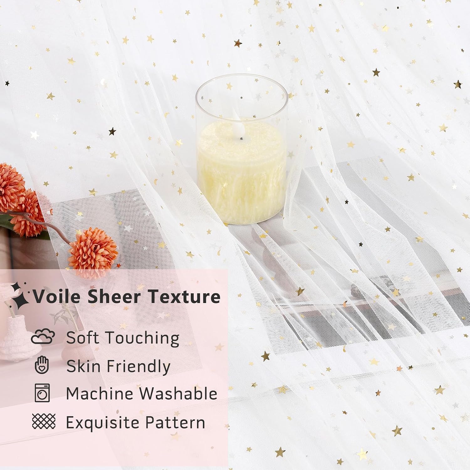 White Sheer Canopy Bed Curtains for Twin Montessori House Floor Bed | Elegant Stars Moon Pattern Tulle Curtains, Soft Breathable Dreamy Princess Canopy Drapes for Kids Girls Room Decor