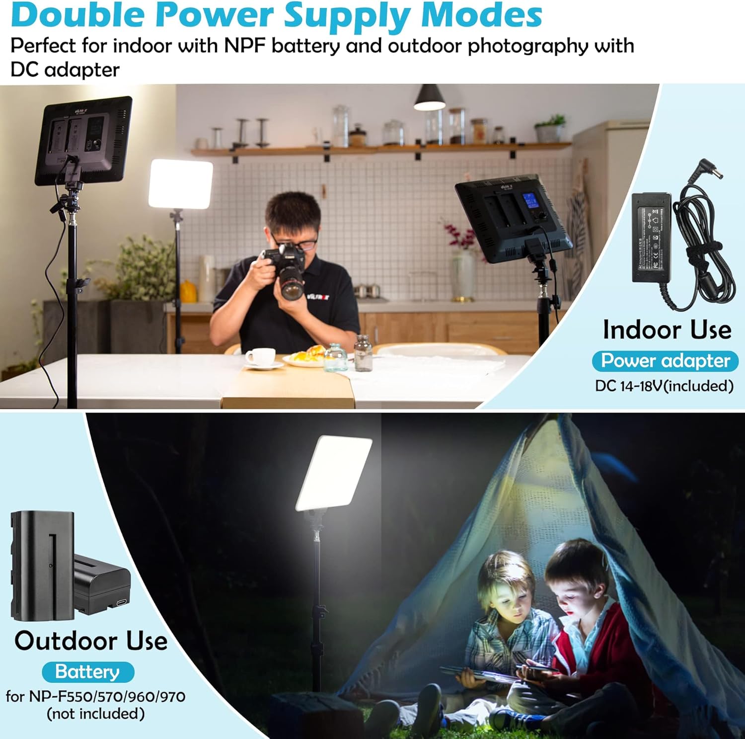 VILTROX VL-200T LED light showing dual power supply modes: indoor use with power adapter and outdoor use with NP-F batteries.