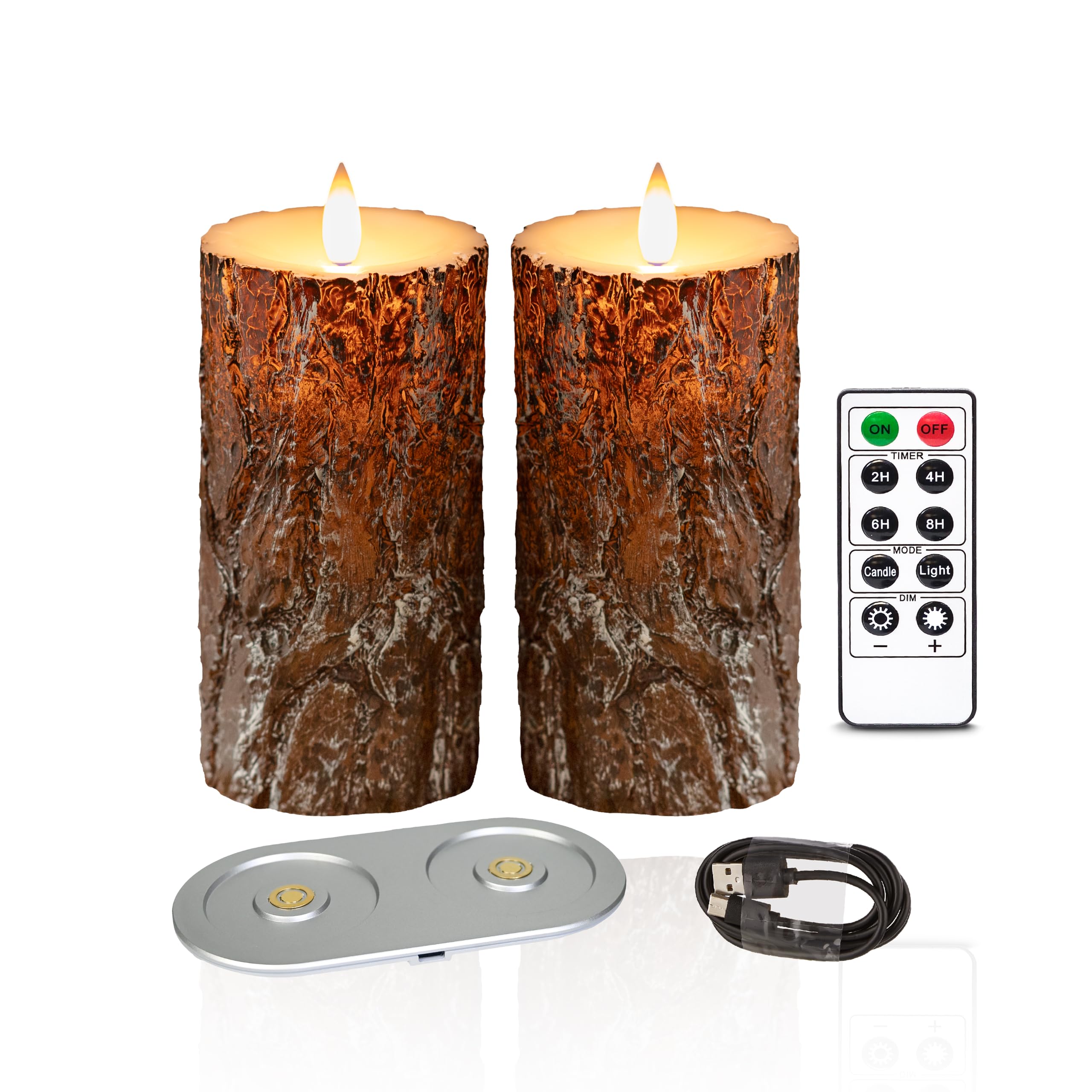 Wiederaufladbare flammenlose Stumpenkerze mit Fernbedienung, 3D-bewegliche Flamme, Echtwachs-LED-Stumpenkerzen (Kiefer, 7,6 x 15,2 cm)