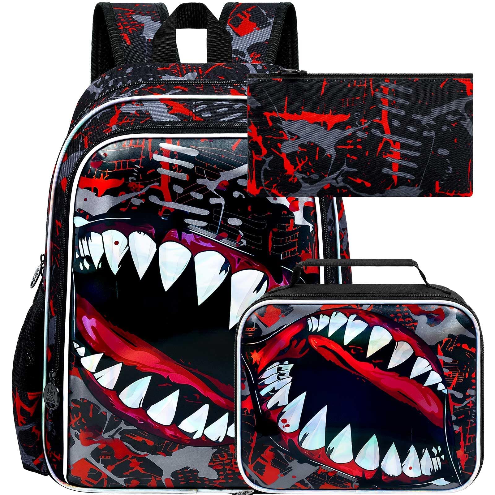 3Pcs Boys Backpack, 17" Shark Bookbag for Elementary Preschool Kindergarten, Kids School Backpacks with Lunch Box (Red)