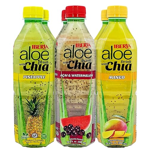 Iberia 211557 - Juego de 6 jugos de aloe vera con chía 2 de acai y sandía 2 de mango 2 de piña