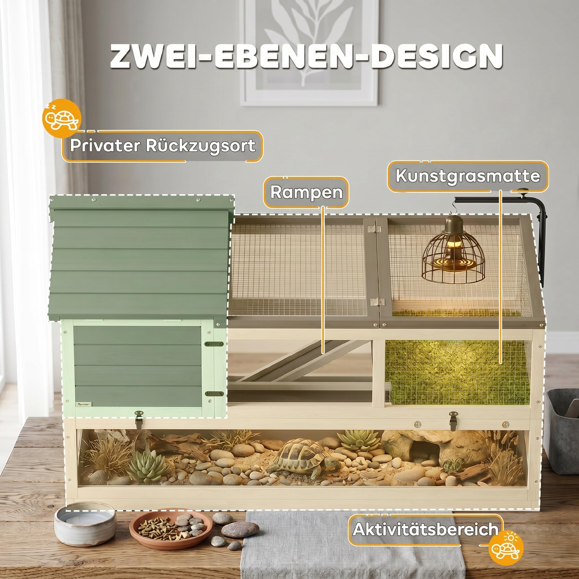PawHut Drewniane terrarium zewnętrzne dla żółwia 116x70,5x69,5 cm Szary | Wybieg dla żółwia, dwa główne domy, uchylna góra, uchwyt na lampę, klatka dla gadów, dla żółwi i gadów