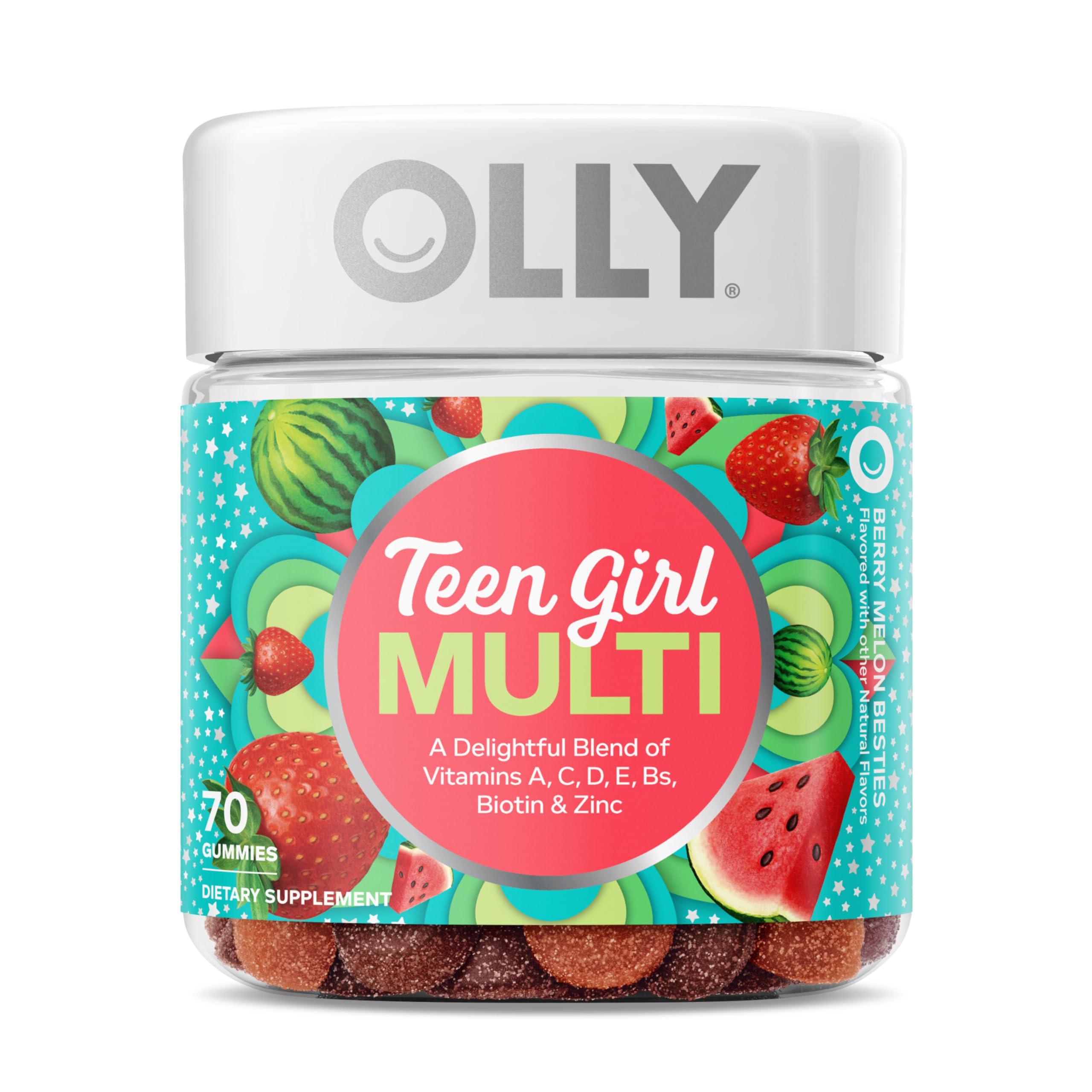 OLLY Teen Girl Multi Gummy, Healthy Skin and Immune Support, 15 Essential Vitamins, Biotin, Zinc, Calcium, Chewable Multivitamin, Berry Melon, 35 Day Supply - 70 Count