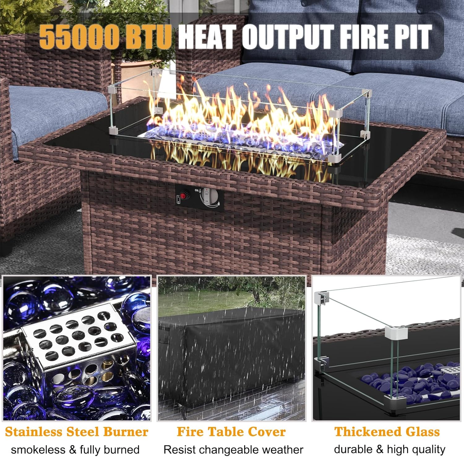 LayinSun 10 Pieces Patio Furniture Set with Swivel Chairs, Rattan Wicker Rocking Glide Chairs with 44" Propane Gas Fire Pit Table Conversation Set