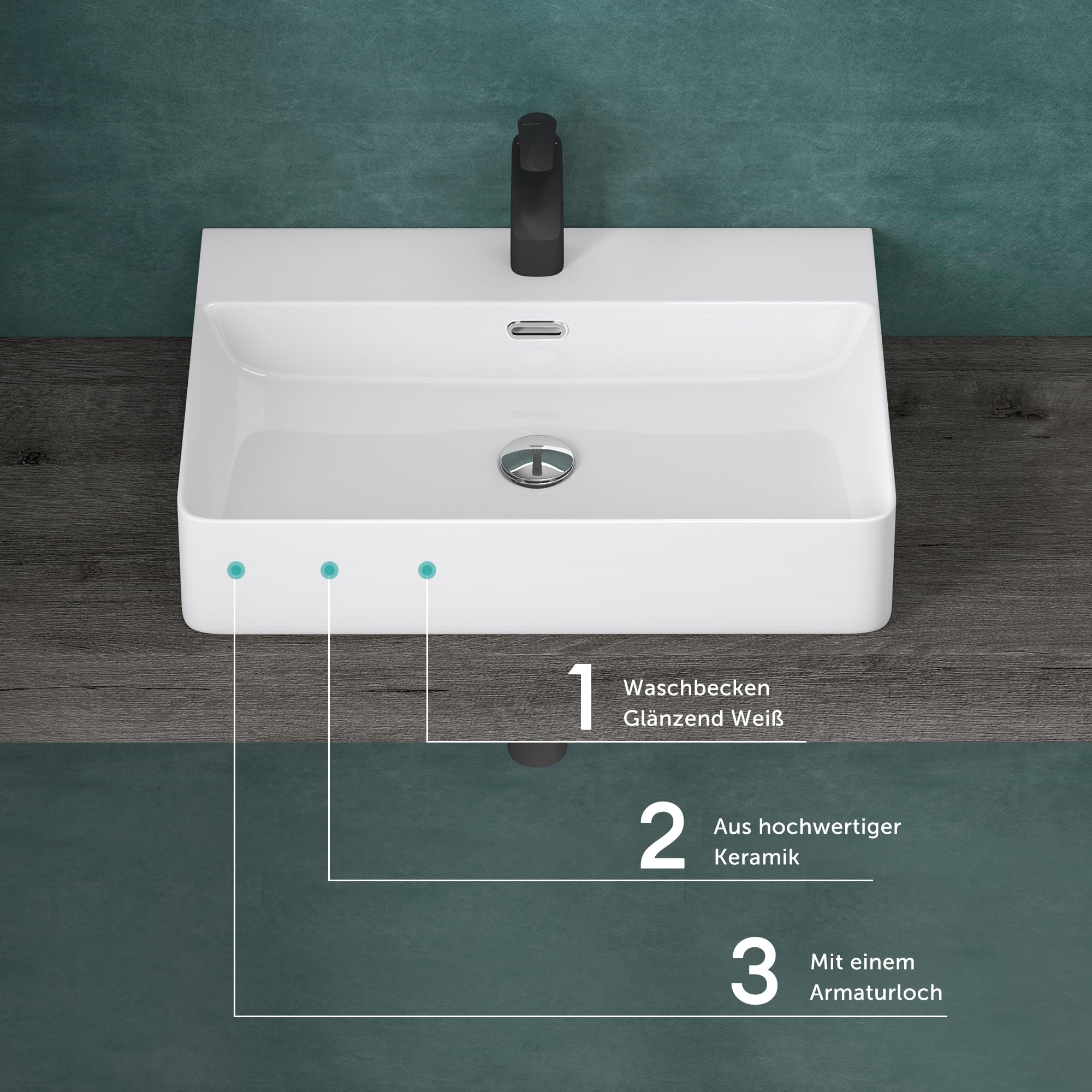 doporro Lavabo sobre Encimera Lavabo Suspendido Baño | Rectangular | Blanco | Cerámica | 50x42x12cm | con Rebosadero y Orificio para Grifería | Meissen201