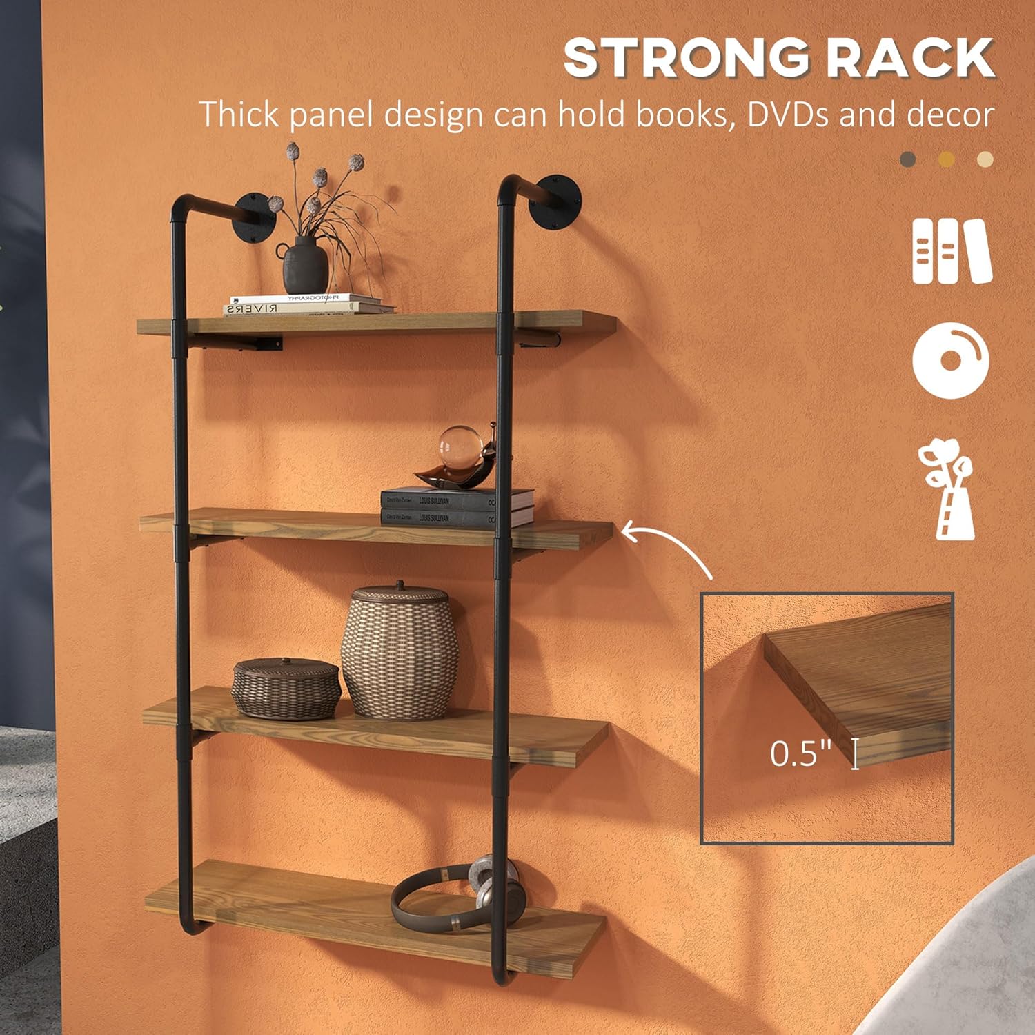 Rustic Brown 4-Tier Industrial Floating Wall Mounted Bookshelf