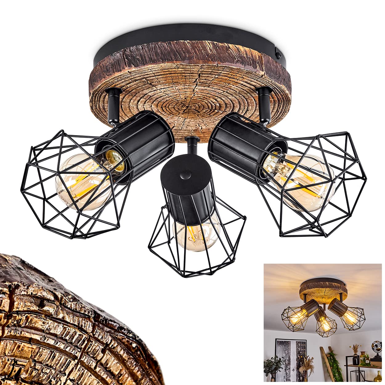 Lampa sufitowa Bardhaman, lampa sufitowa z metalu w optyce czarnej/drewna, spot w stylu retro/vintage z regulowanymi kloszami w optyce kraty z efektem świetlnym, 3 żarówki, gniazdo E27, bez żarówek
