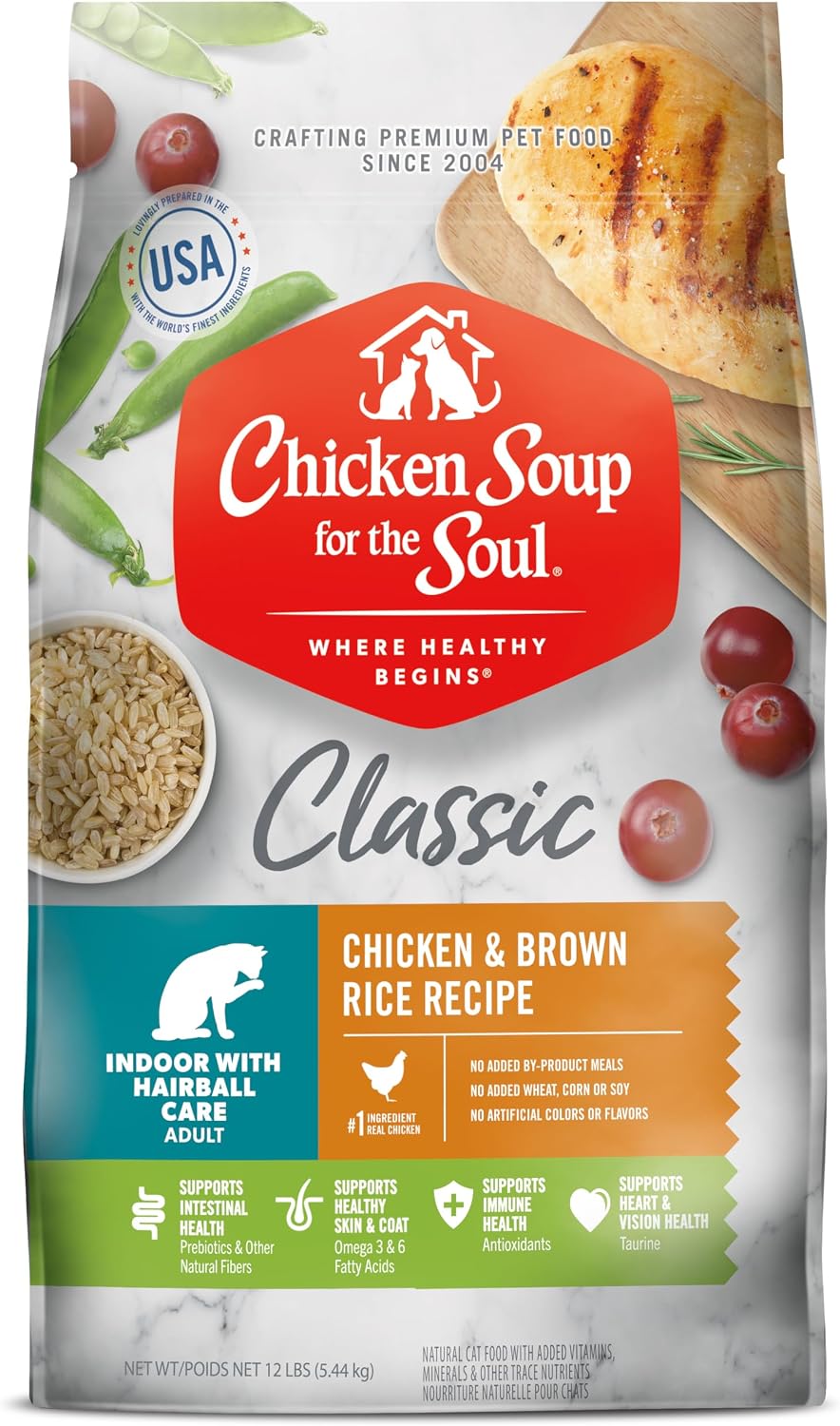 Chicken Soup for the Soul Natural Premium Indoor w/Hairball Care Adult Dry Cat Food, Real Meat First Ingredient, No By-Products, Supports Intestinal Health, Chicken & Brown Rice, 12lb